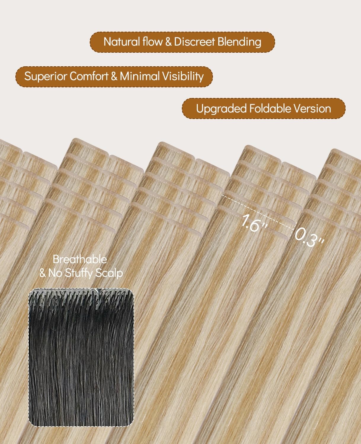 VINBAO Extensions Adhésives Cheveux Naturels Invisible 40cm 45g #27P60