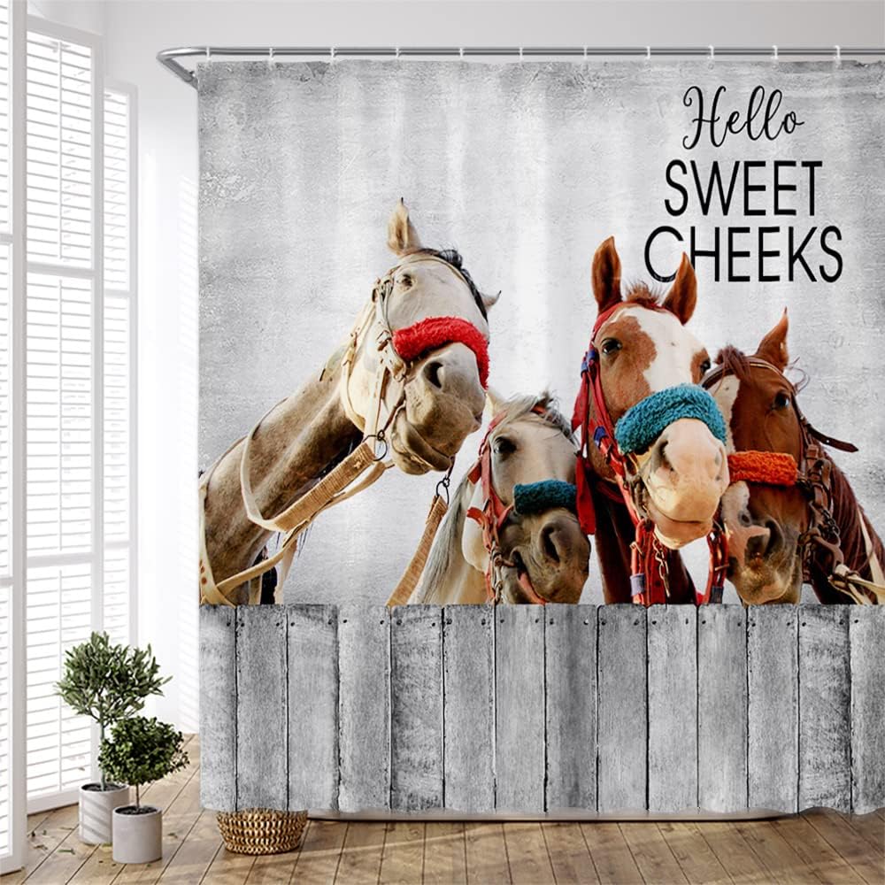 Funny Farmhouse Horse Shower Curtain Fun Rustic Western Farm Animals Cheeks Horse Rustic Country Wooden Board Pattern Bathroom Polyester Fabric Curtains Set with Hooks 90Wx70H Inch