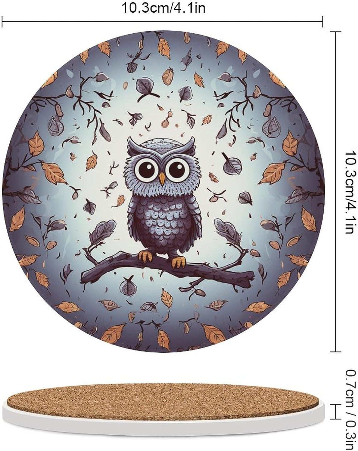 6PCS Owl Tree Branches Coasters Non-Slip Round Drink Coasters with Ceramic Stone and Cork Base, Heat Resistant Absorbent 33.00Stone Coaster Set for Kinds of Mugs and Cups, 4 Inch