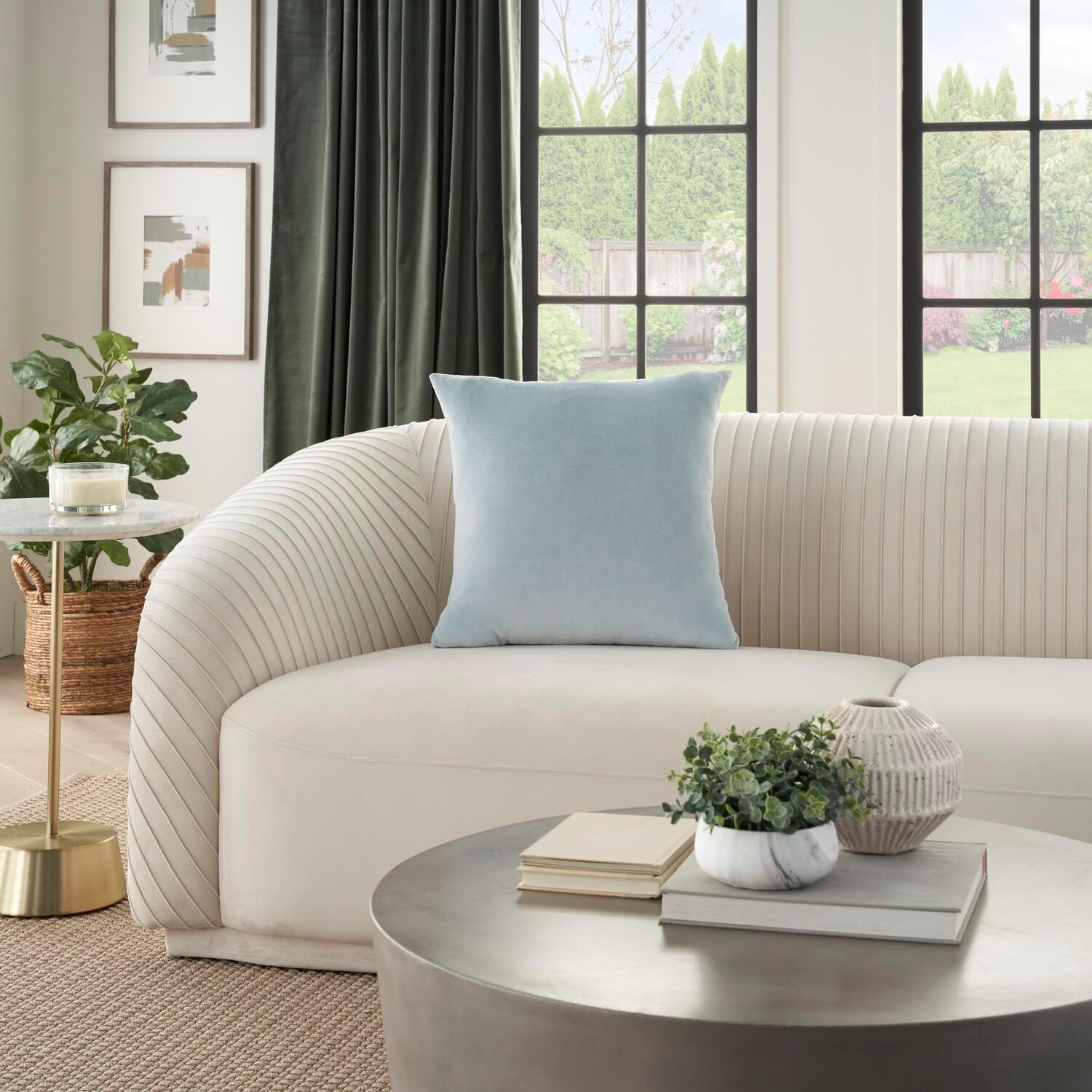 Mina Victory Sofia Solid Revers Velvet Blue 20" x 20" Throw Pillow