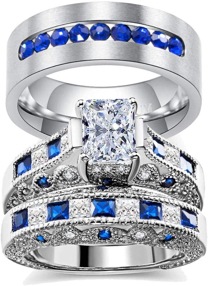 LOVERSRING 3pc Two Rings His and Hers Couple Rings Bridal Sets His Hers Women White Gold Plated Blue Sapphire Cz Man Titanium Wedding Ring Band Set
