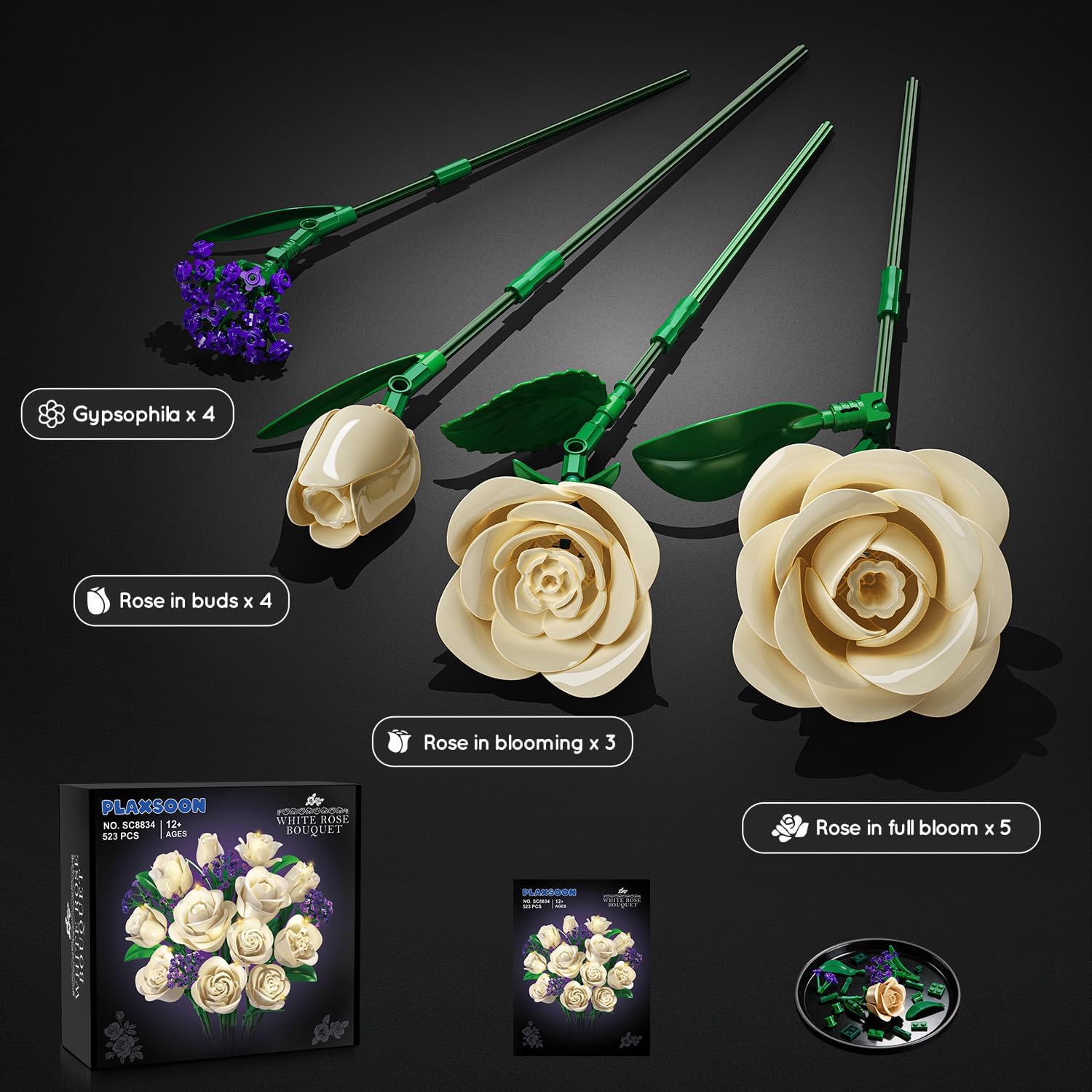 PLAXSOON Flowers Bouquet Building Set with Lights, Mother's Day 16 Champagne White Roses Botanical Collection Building Blocks for Adults Girl,523PCS Artificial Flower Birthday Gift for Her Home Decor