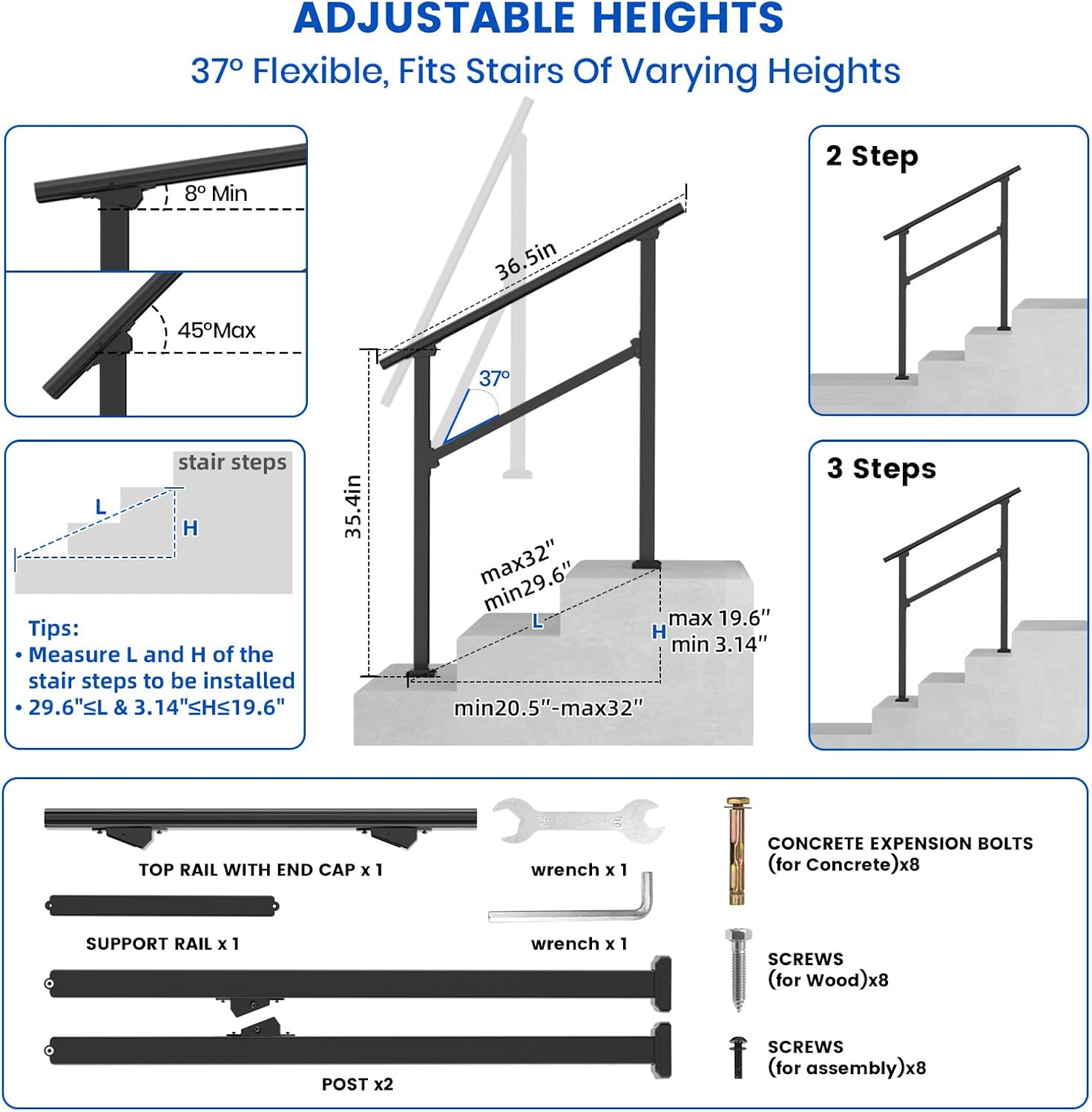 Hand Rails for Outdoor Steps-Adjustable Angle 3-4 Steps Stair Handrail-Galvanized Aluminum Alloy-600 lb LC-Indoor Stair Railing Kit-Waterproof Exterior Porch Railing-Deck Hand Rail for Concrete Wood