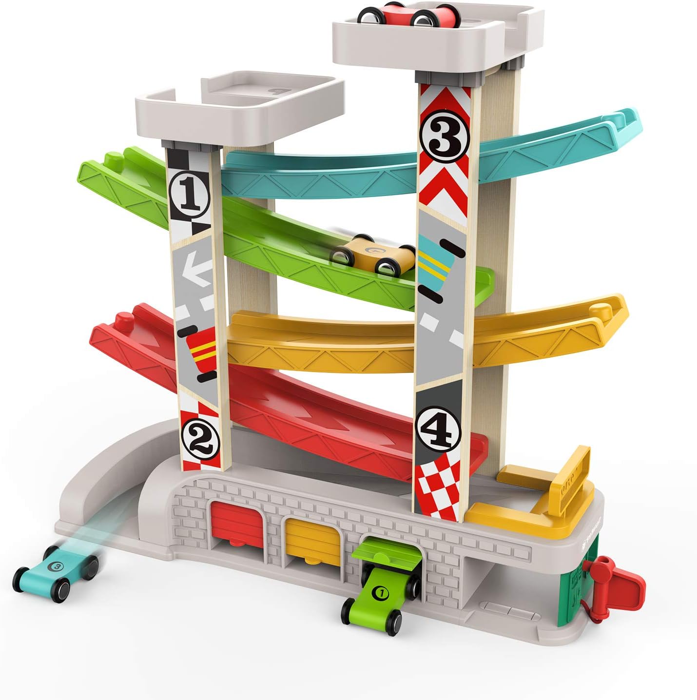 TOP BRIGHT Car Ramp Toy for 2 3 Year Old Boy Gifts, Toddler Race Track Toy for 18 Month Old with 4 Wooden Cars and 3 Car Garage