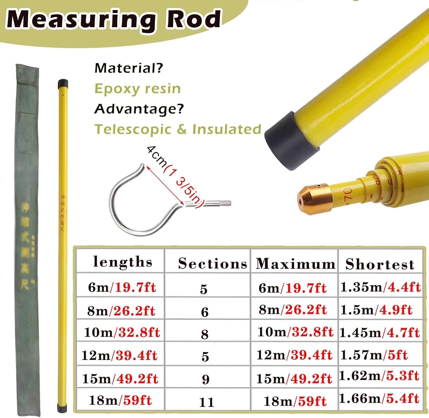 High-Voltage Measuring Rods Set - 3 Pack 18m/59ft Lightweight Measurement Sticks with Portable Bag for Power Tower & Street Light Maintenance - Orange