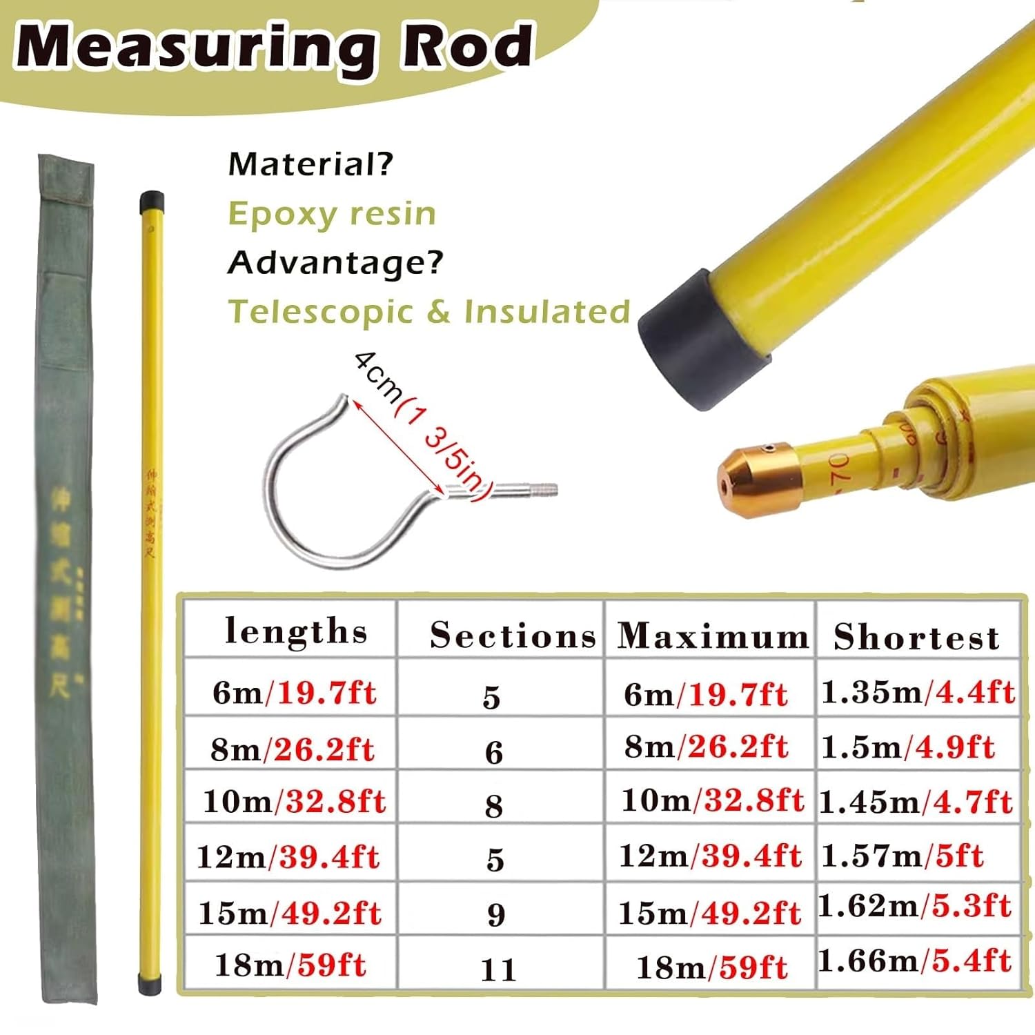 High Voltage Measuring Stick 6m/19.7ft - Retractable Insulated Epoxy Resin Height Measuring Pole for Outdoor Use, Lightweight Surveying Tool with Hook (1 Pack)