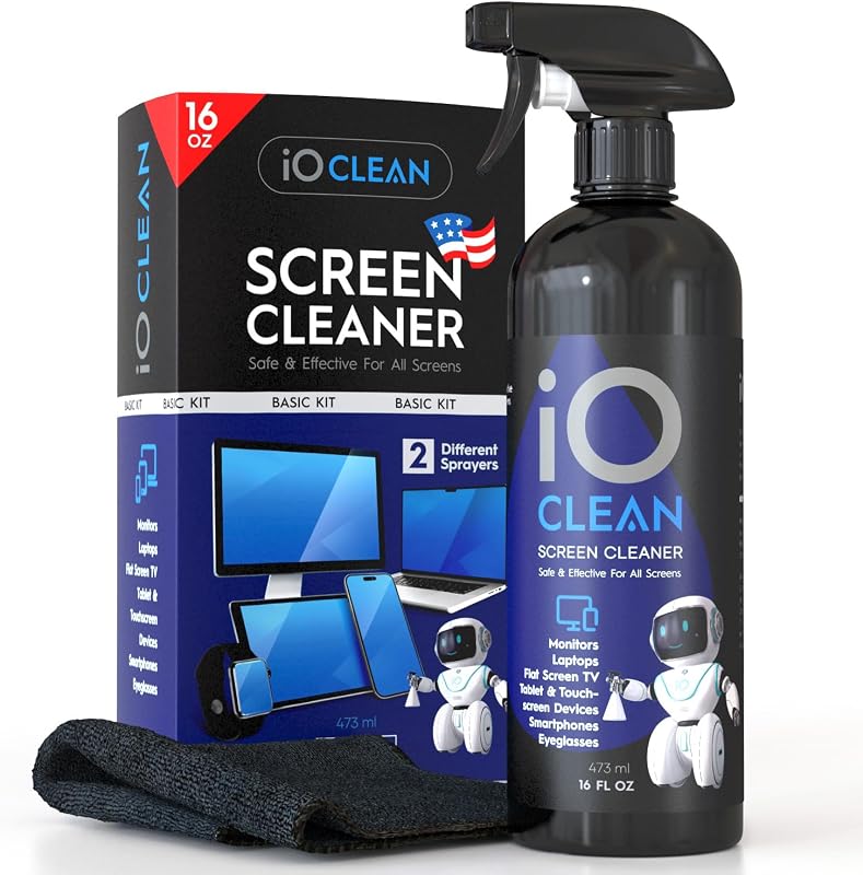 iO CLEAN 16oz Screen Cleaner Spray – Best Large Cleaning Kit | for LCD, LED & OLED TV, Smartphone, iPad, Laptop, Touchscreen, Computer Monitor, Microfiber Cloth Wipes & 2 Nozzles