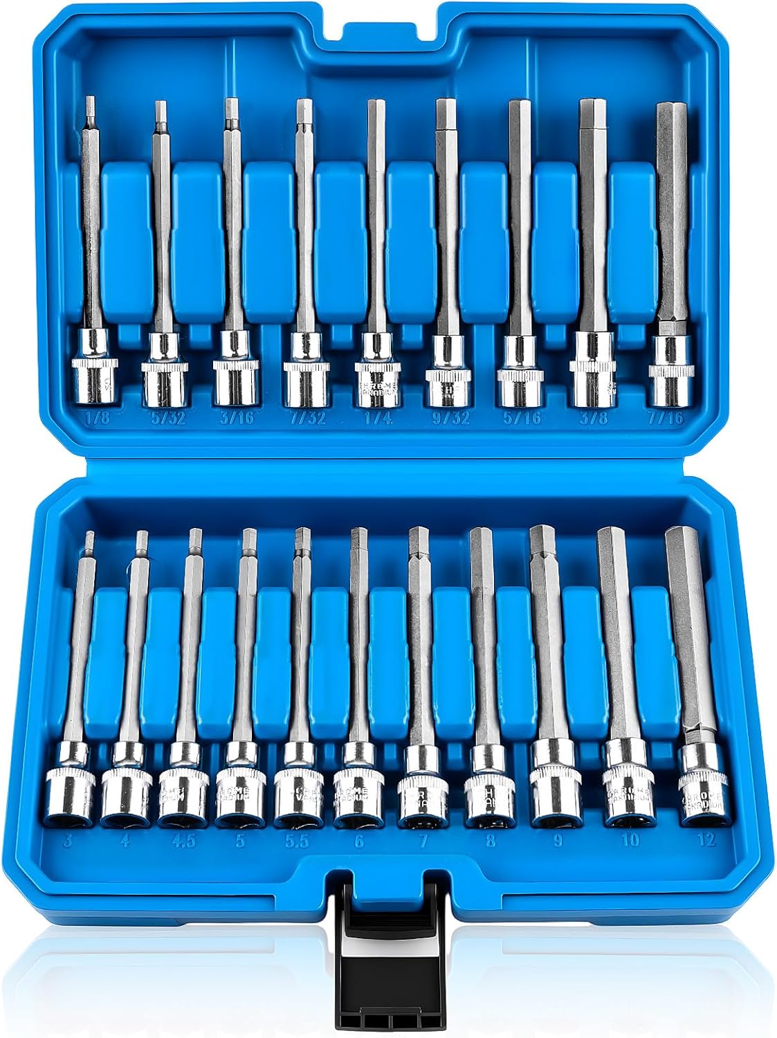 20PCS Extra-Long Allen Hex Bit Socket Set, 3/8 Inch Drive Allen Socket Set, SAE & Metric(1/8"-7/16", 3-12mm), CR-V and S2 Alloy Steel