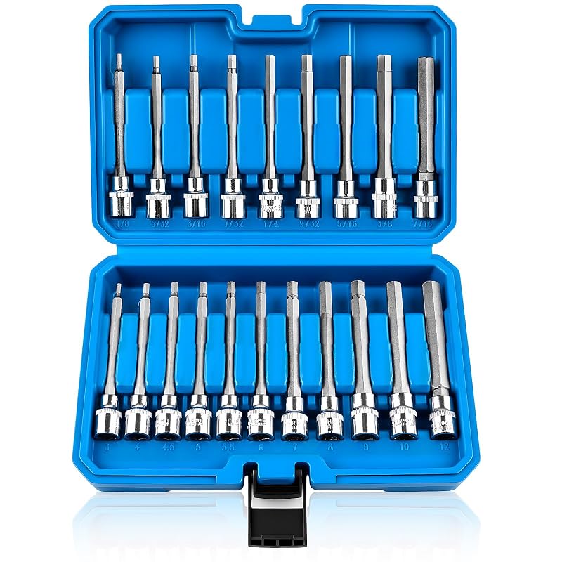 Jogo de Soquetes Allen com Bits Hexagonais Extra Longos Feikenee HF123, Acionamento de 9,5 mm, Aço Cromo-Vanádio e S2, 20 Peças