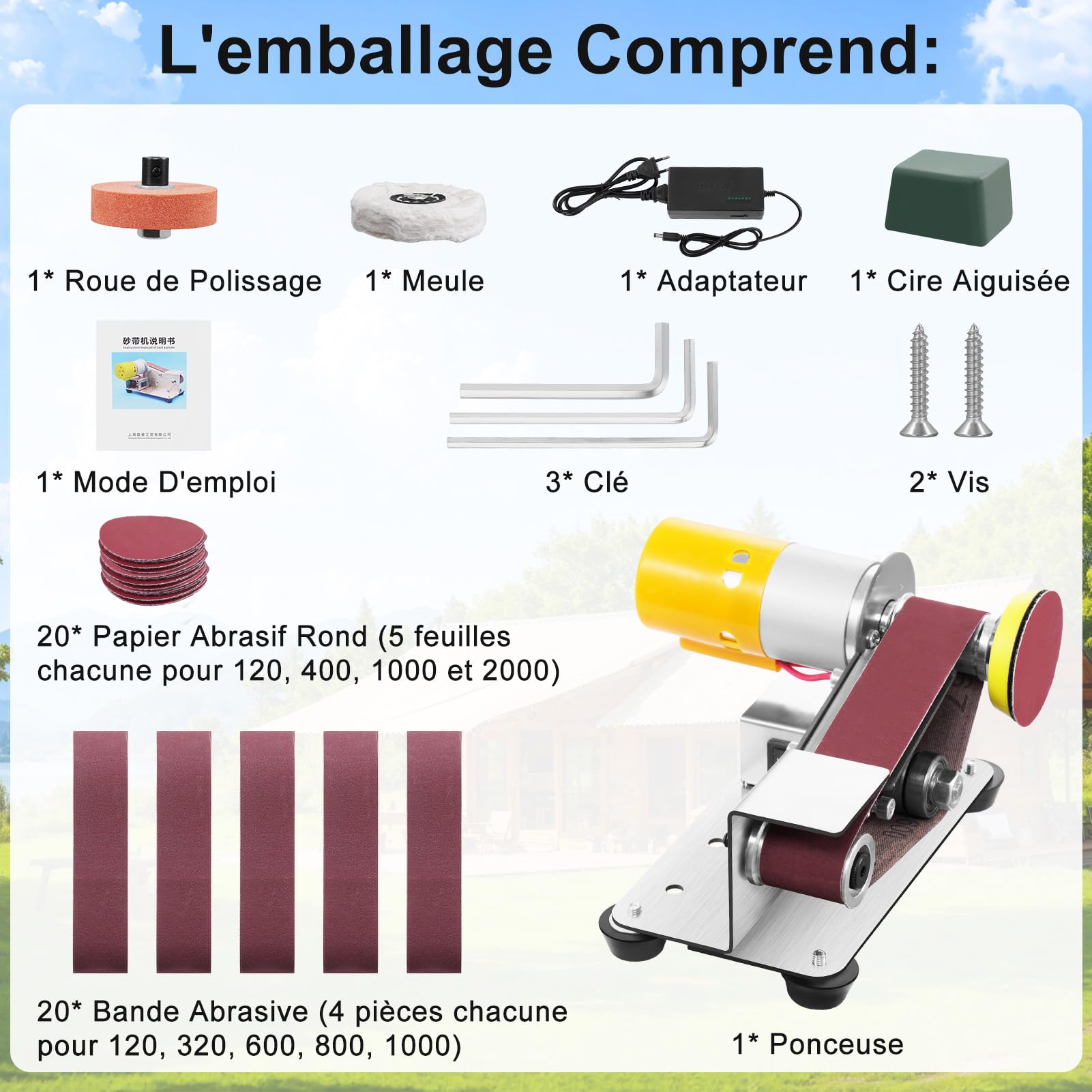 Ponceuse Électrique, 7 Étapes Réglable Ponceuse à Bande avec 20 Bandes Abrasives et 20 Feuilles de Papier Abrasif, pour Polissage des Métaux, Polissage du Bois et Meulage des Outils