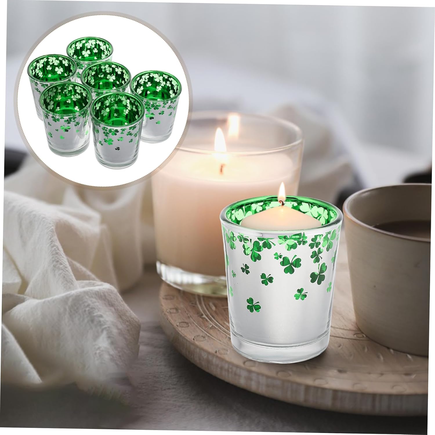 Cabilock Shamrock Tea Light Candle Holder Set Green Glass 's Day Table Decor Votive Holder for Parties Wedding Centerpieces