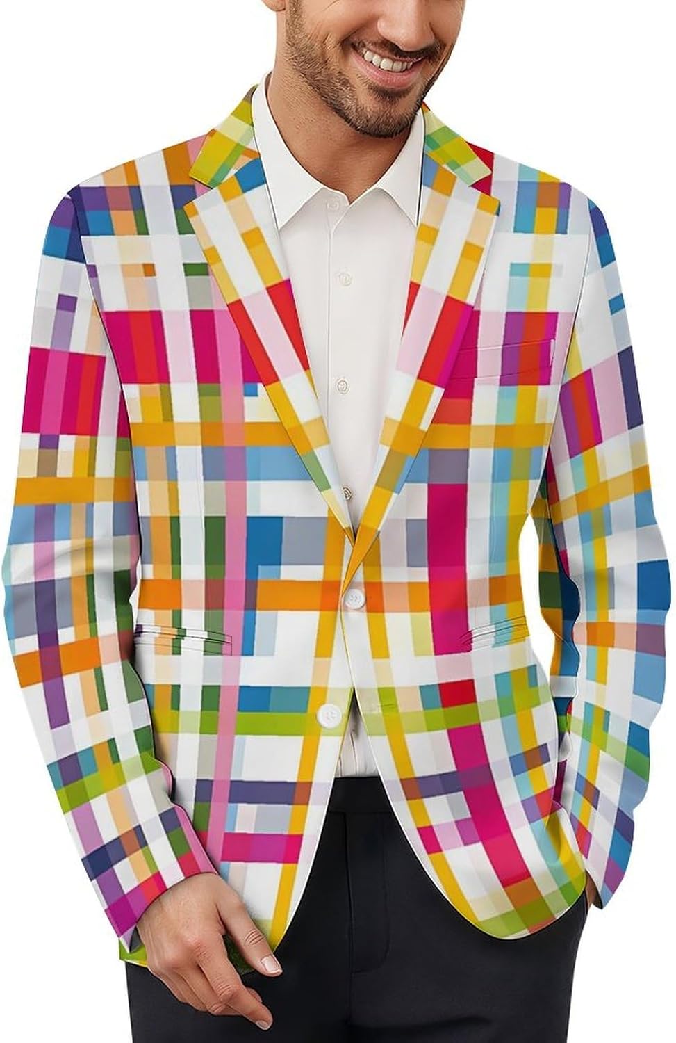 Rainbow Madras Check Suits Blazer for Men Buttons Jacket Coat Business 6X-Large