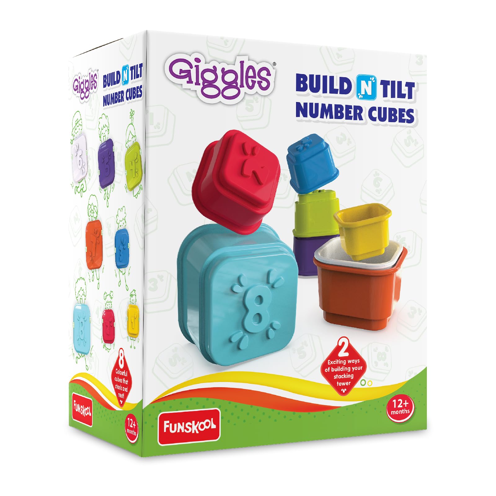 Funskool Giggles - Build N Tilt Number Cubes, Multicolour Cubes, Cubes with Numbers, Stack and Nest, 12 Months and Above, 2 Modes of Stacking Straight Stack and Slant Stack