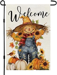 CROWNED BEAUTY Fall Thanksgiving Scarecrow Garden Flag 12x18 Inch Double Sided for Outside Small Burlap Welcome Autumn Holiday Yard Decoration CF1692-12