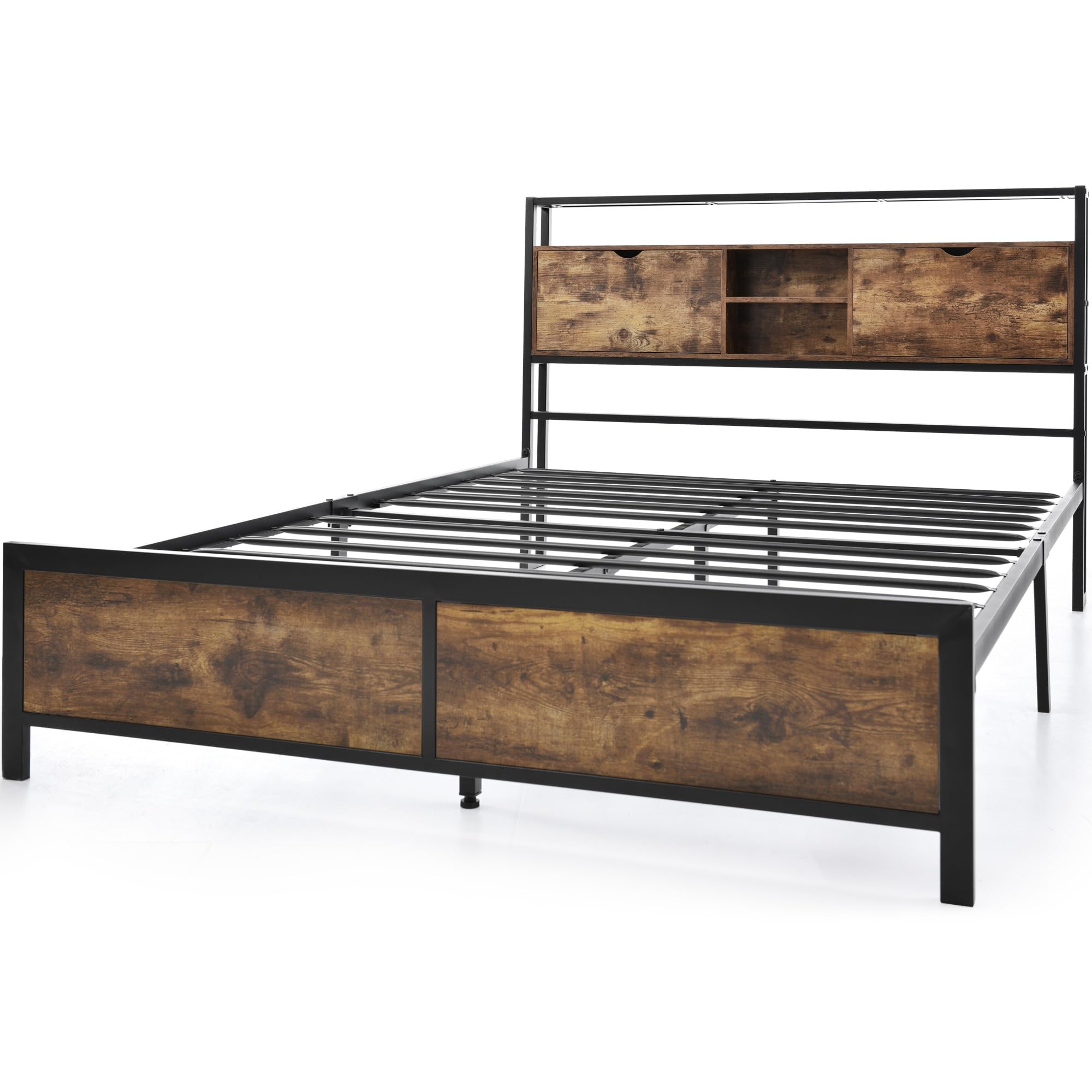 Cama de metal para adolescentes con cabecero de almacenamiento y somier de láminas de metal, marco de cama para adultos, niños, adolescentes, color negro, cama industrial (140 x 200 cm)