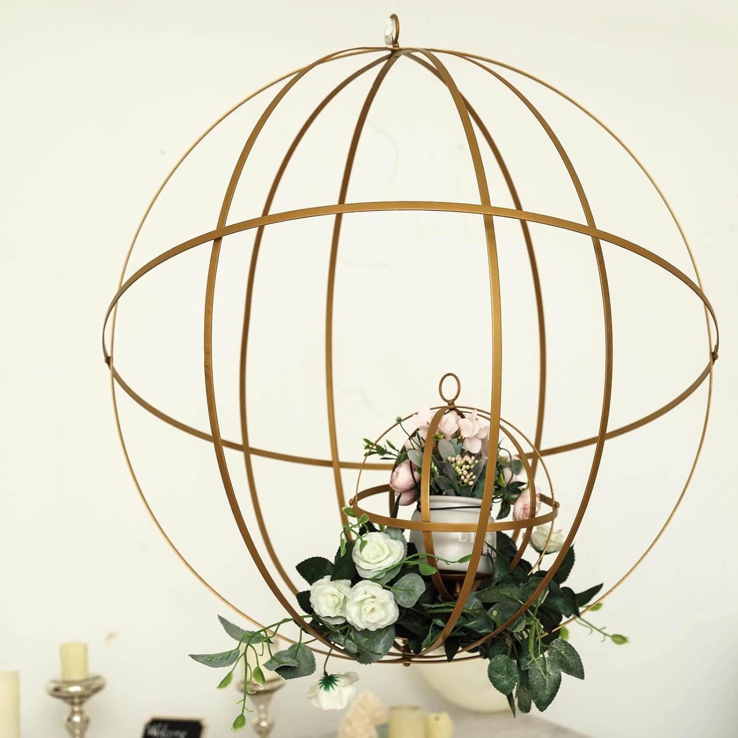 Efavormart 25" Gold Wrought Iron Folding Ball Floral Sphere | Geometric Hanging Vase Holder