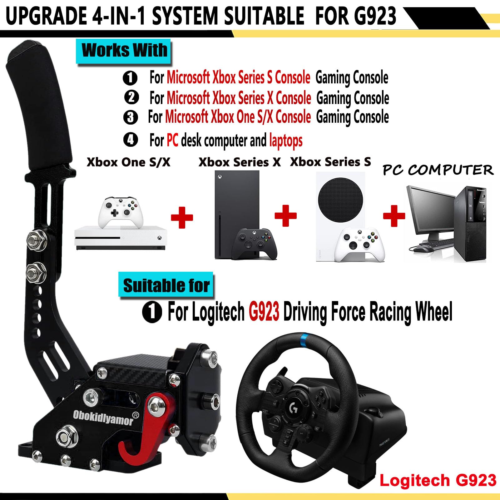 Obokidly Upgrade USB Handbrake Support G923(Advanced G920) Compatible With XBOX ONE/XBOX ONE S AND PC For Sim racing Game Sim Rig With Clamp (Black-3)
