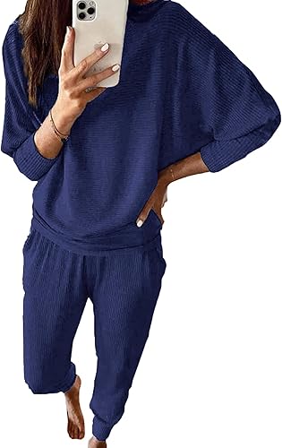 PRETTYGARDEN Women's Fall 2 Piece Lounge Set Long Sleeve Tops Ribbed Pants Spring Matching Sweatsuit Travel Outfits Clothes