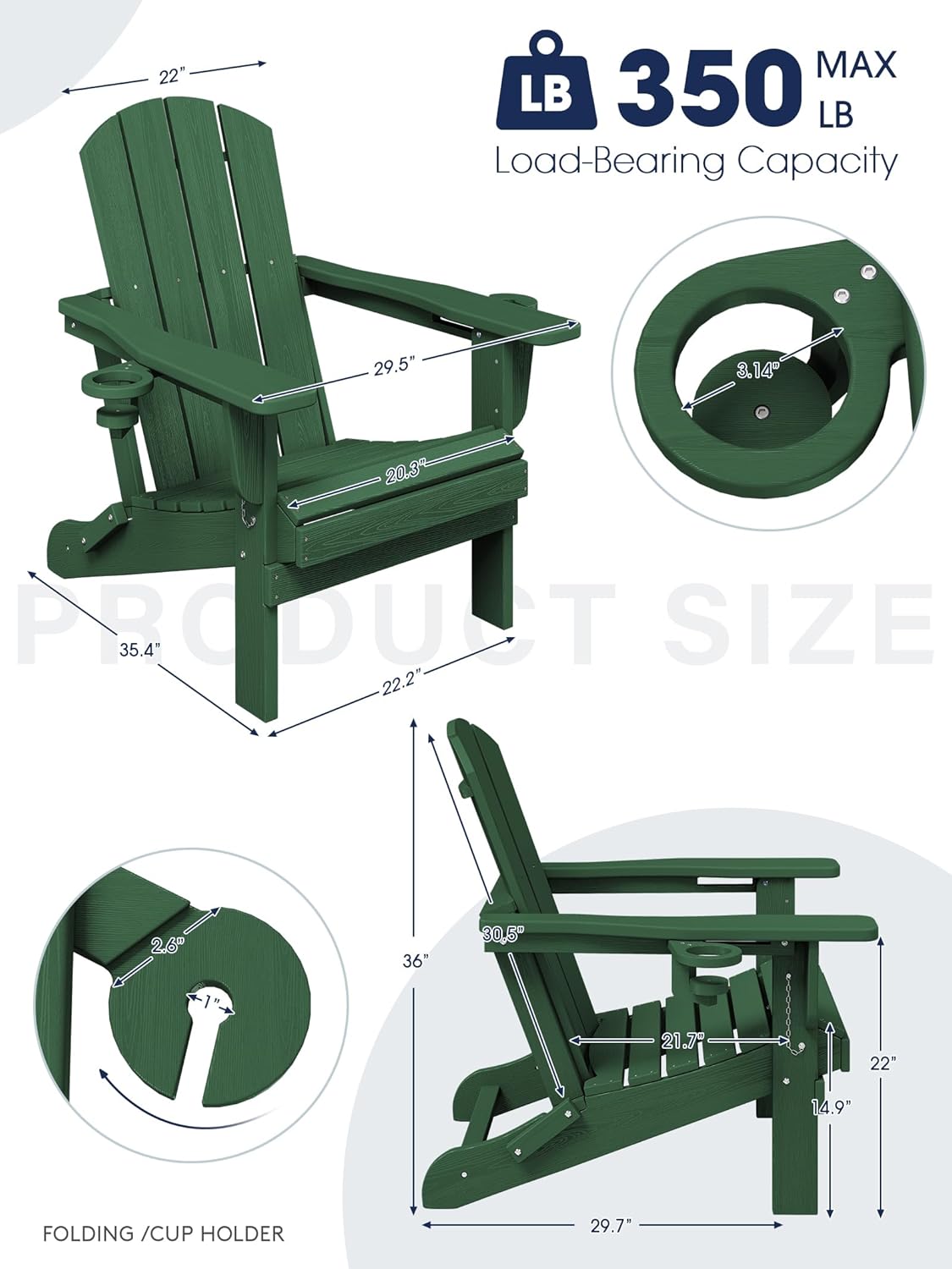 KINGYES Folding Adirondack Chair Set of 2, Dual Cup Holders & All-Weather HDPE, Wood-Like Patio Chair for Backyard, Camping, Pool & Fire Pit, Dark Green