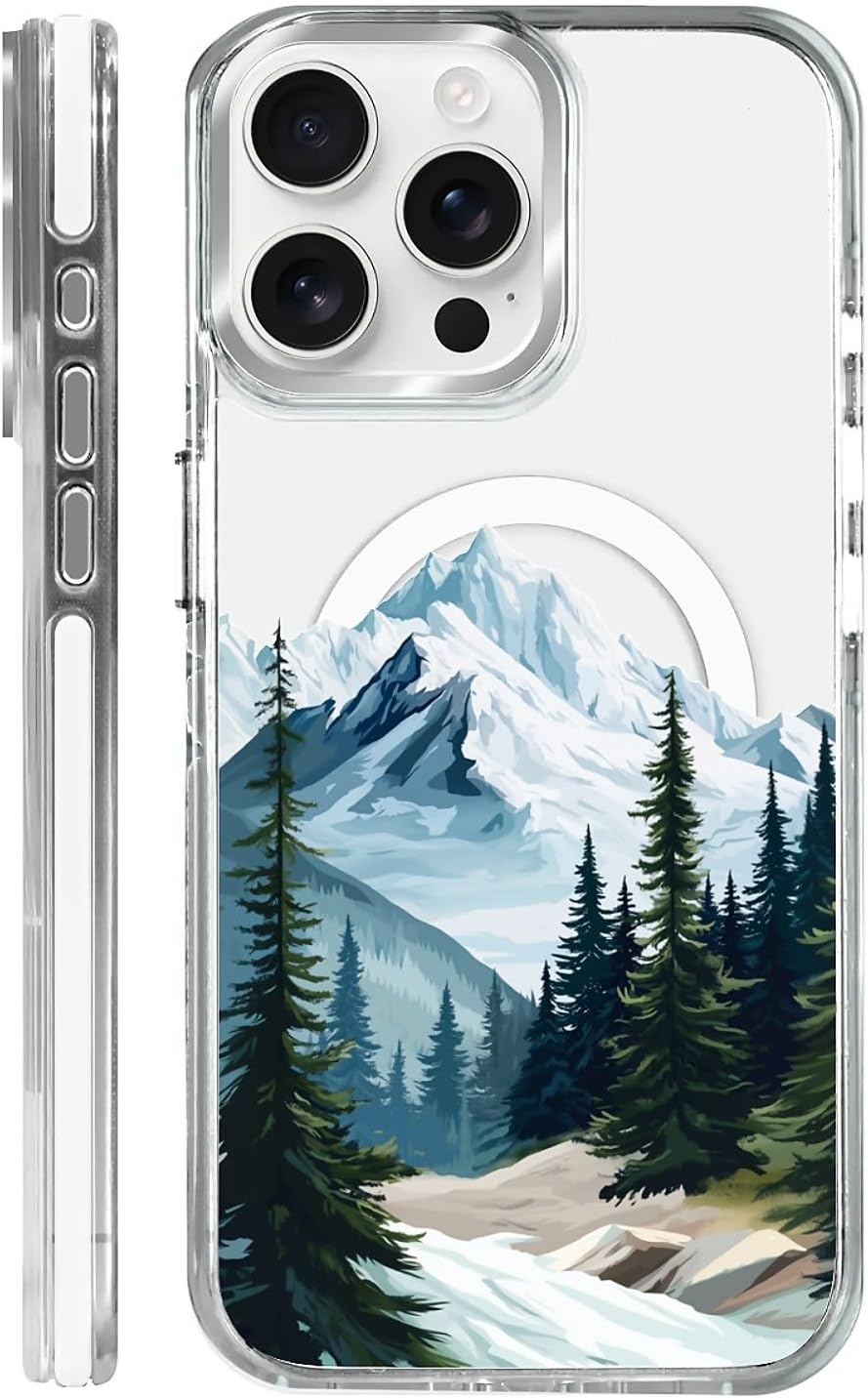 Magnetic Case for iPhone 15 Pro Max Design On Clear Base, Compatible with MagSafe, Slim Protective Soft TPU Bumper Phone Cover Women Girls Case-Mountains Tree Outdoor