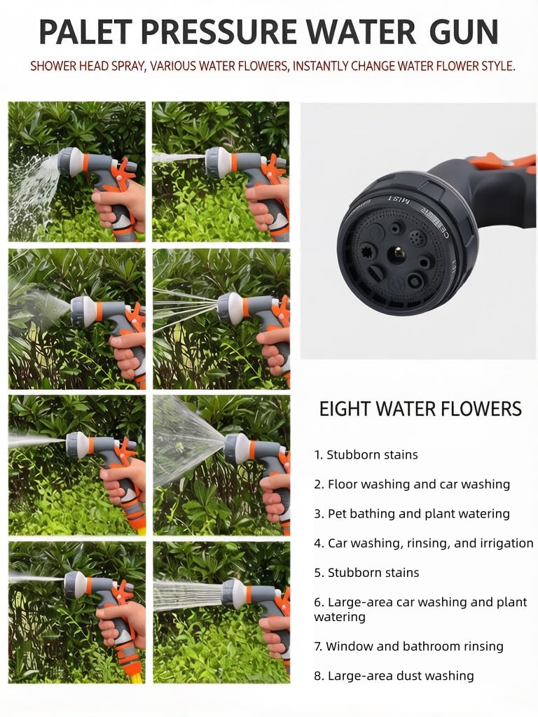 Boquilla de manguera de agua de alta presión, pistola de pulverización de 8 patrones para patio al aire libre, riego de flores, lavado y limpieza de coche, pulverizador de agua de mano con agarre