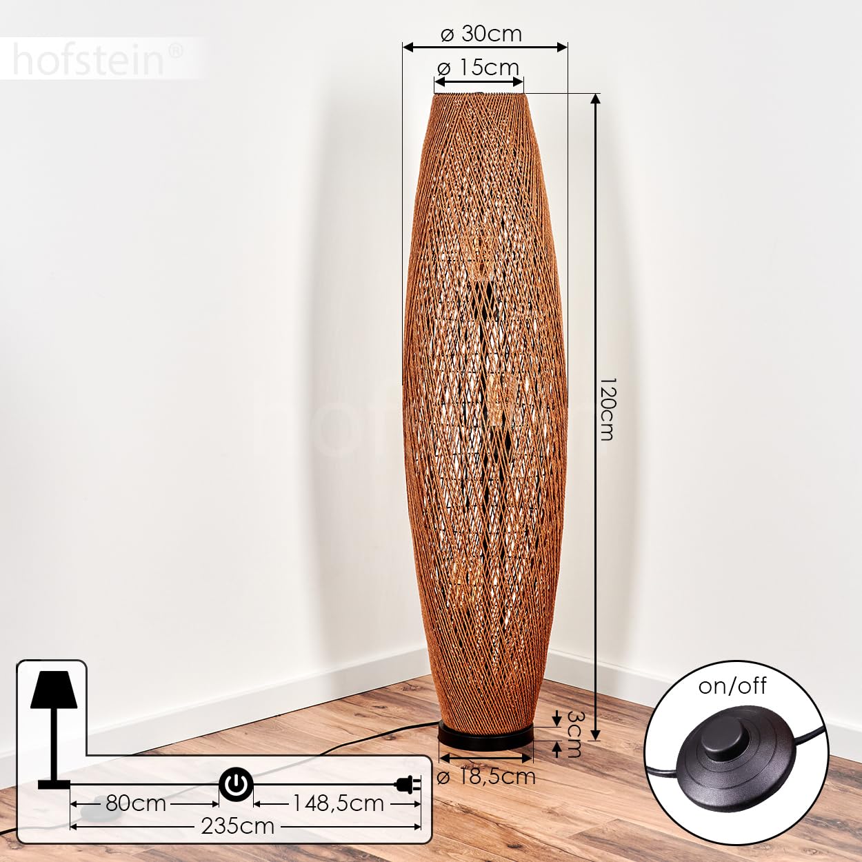 Stehleuchte Mulstrand, moderne Stehlampe aus Metall/Rattan in Schwarz/Natur, Leuchte im Boho-Design mit Schirm in Gitter-Optik, An-/Ausschalter am Kabel und Lichteffekt, 3 x E27, ohne Leuchtmittel