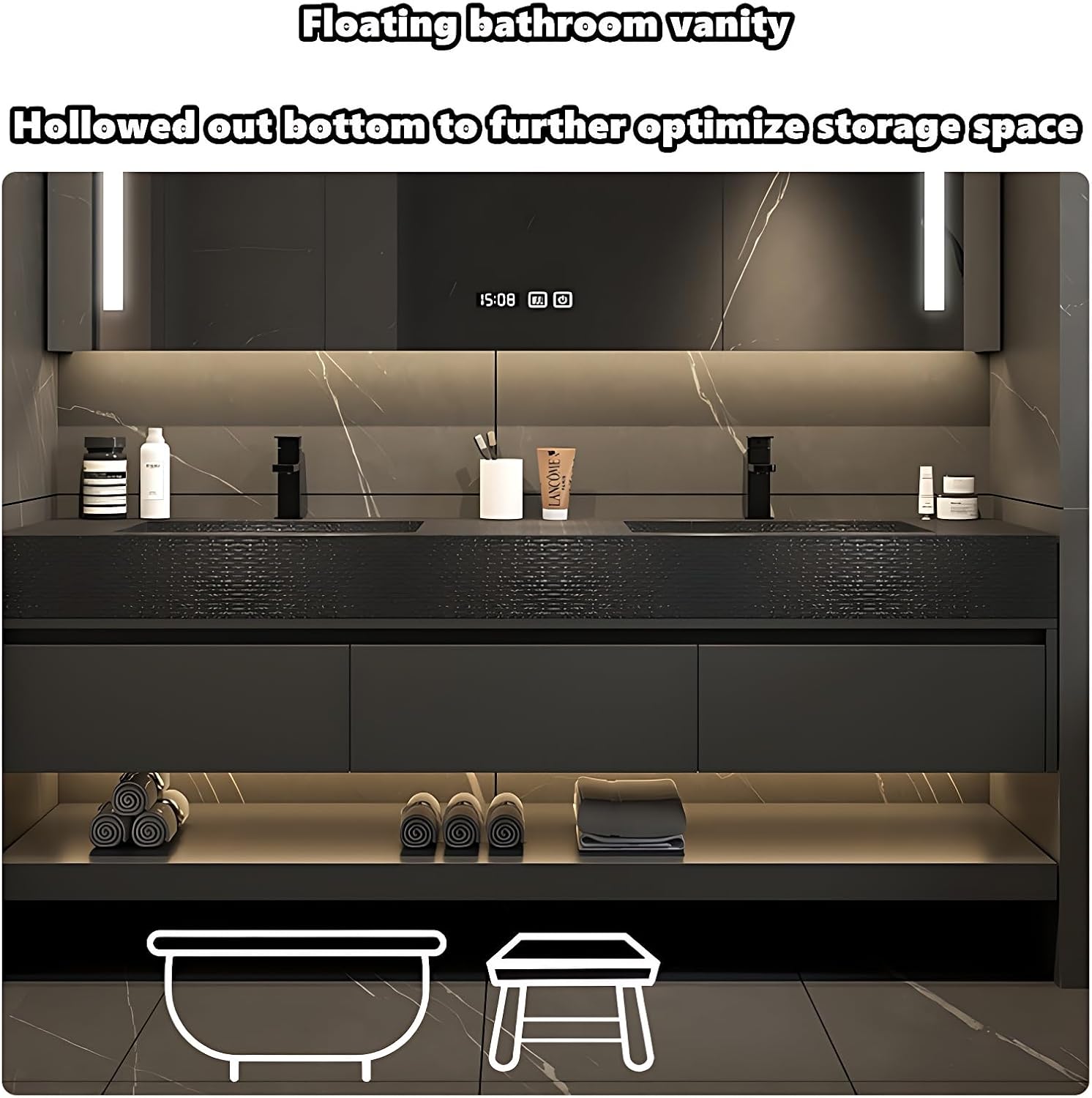 Bathroom Vanity with Sink - Floating Bathroom Vanity Set | Includes LED Smart Defogging Medicine Cabinet | Multi-Layer Solid Wood Material | Luxury and Elegant Design | Wall Mounted