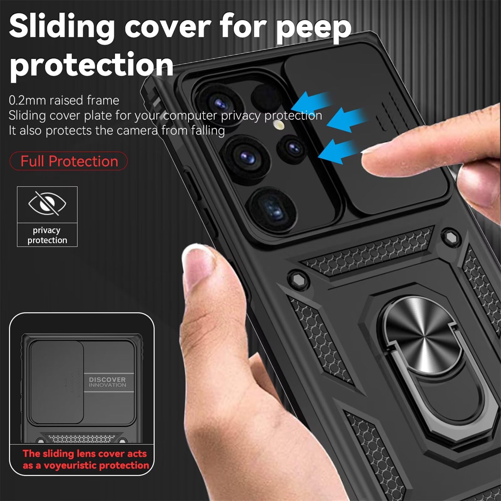 Cover per Samsung galaxy S24 Ultra con Vetro Temperato Custodia con Scorrevole Protezione Fotocamera Custodia Rotante Anello Supporto Antiurto TPU Bumper Custodie Case Cover-Nero