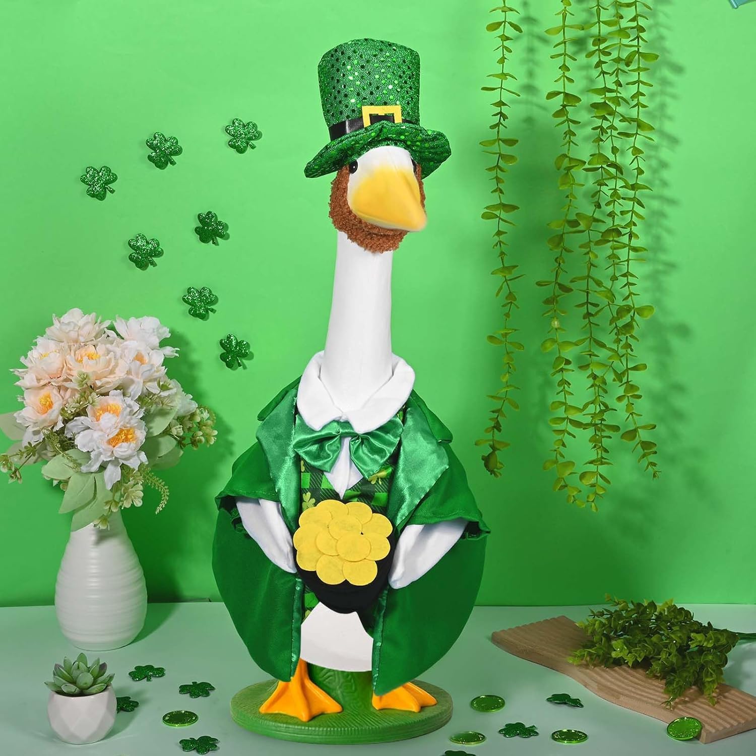 JcHrmers St. Patrick's Day Goose Outfits Irish Porch Goose Clothes Fits 23" Cement Plastic Goose Statue for St. Patrick's Day Outdoor Garden Lawn Yard Patio Art Decor (Style1)