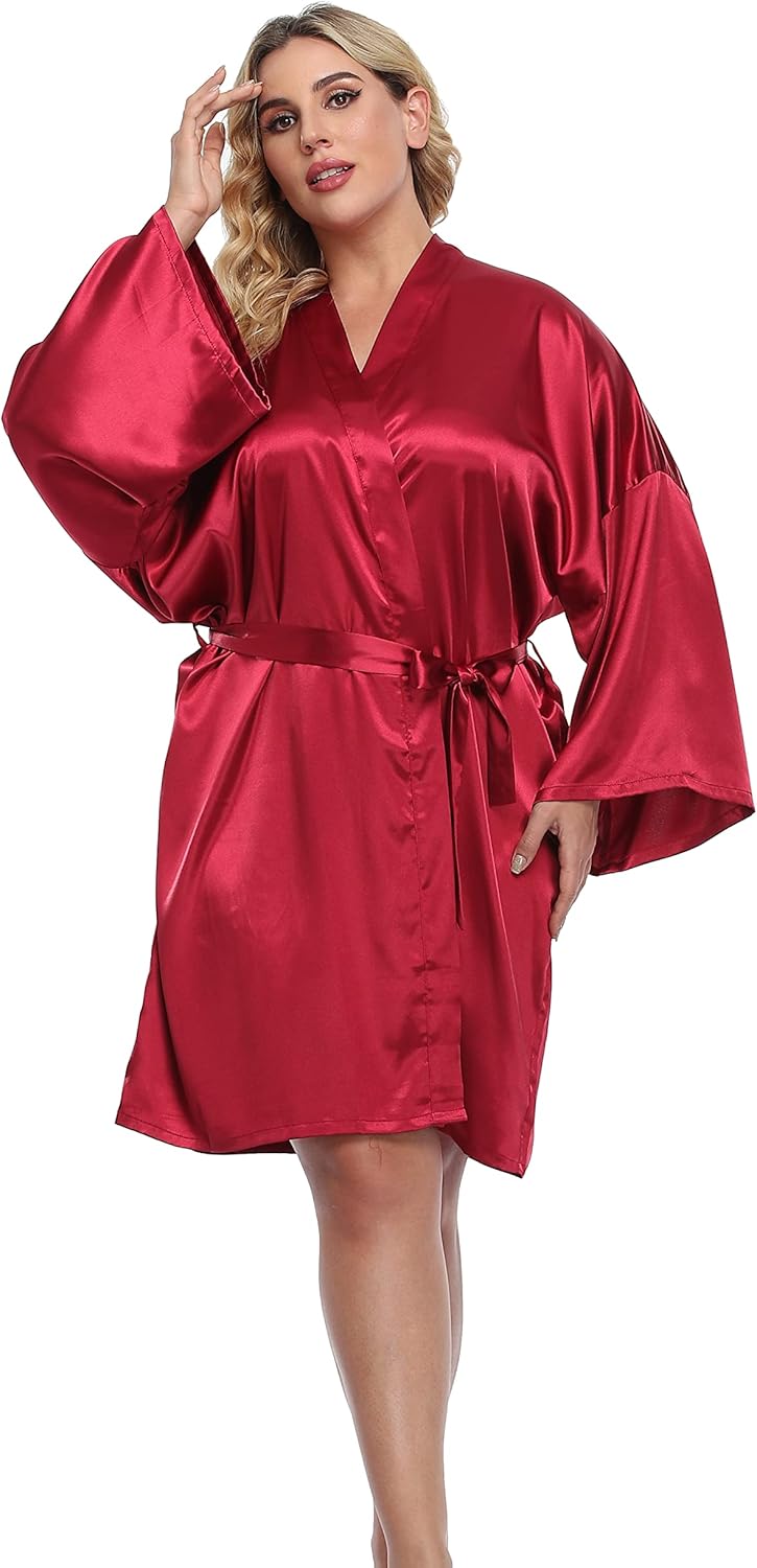Women's Plus Size Short Silky Bathrobes Satin Kimono Robes Bride Bridesmaid Loungewear Soft Nightgown - Image 2