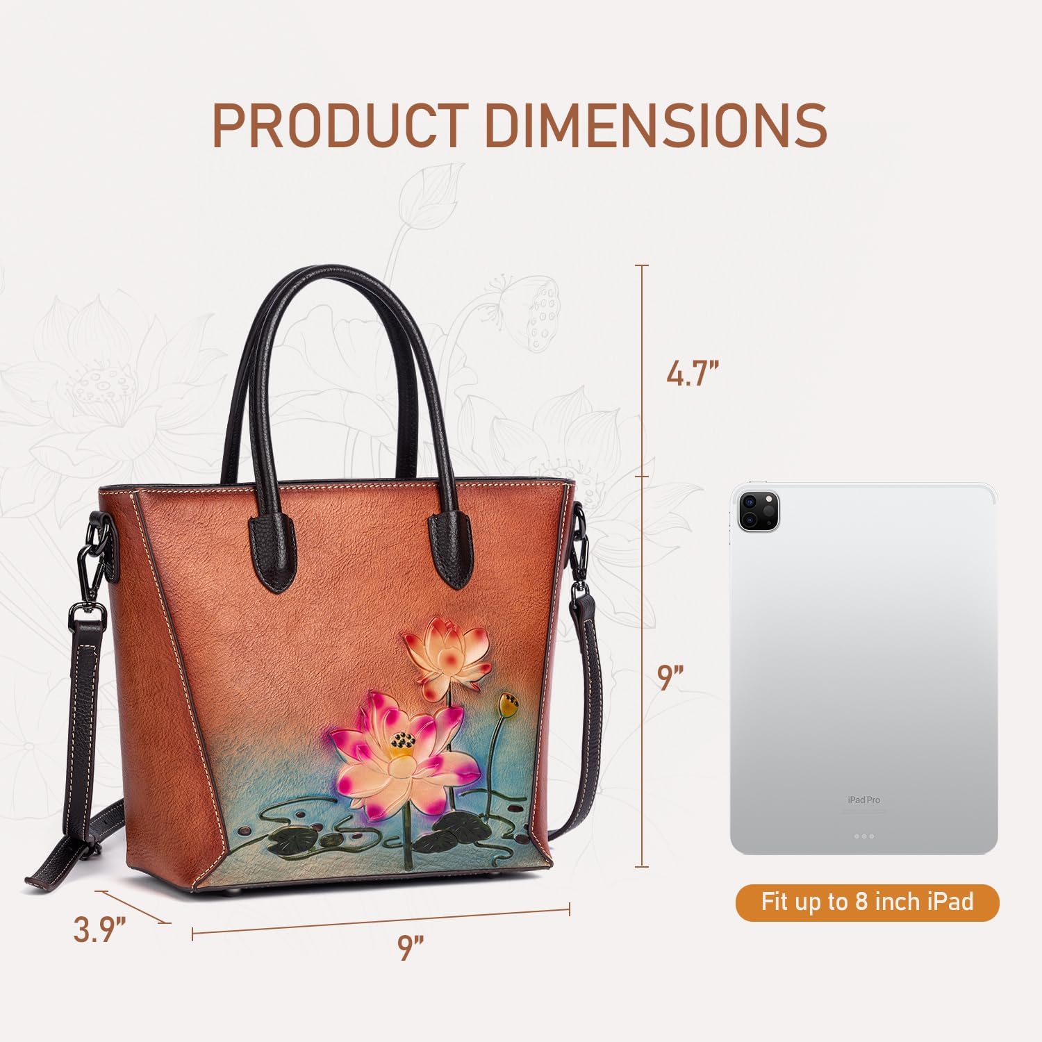 Vintage Genuine Leather Satchel Bag for Women – Hand-Embossed Lotus Floral Handbag with Detachable Crossbody Strap