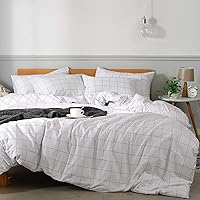 Vista 26 de JELLYMONI - Juego de funda de edredón de 3 piezas, 100% algodón natural, estampado blanco con cuadrícula negra, patrón geométrico, con cierre