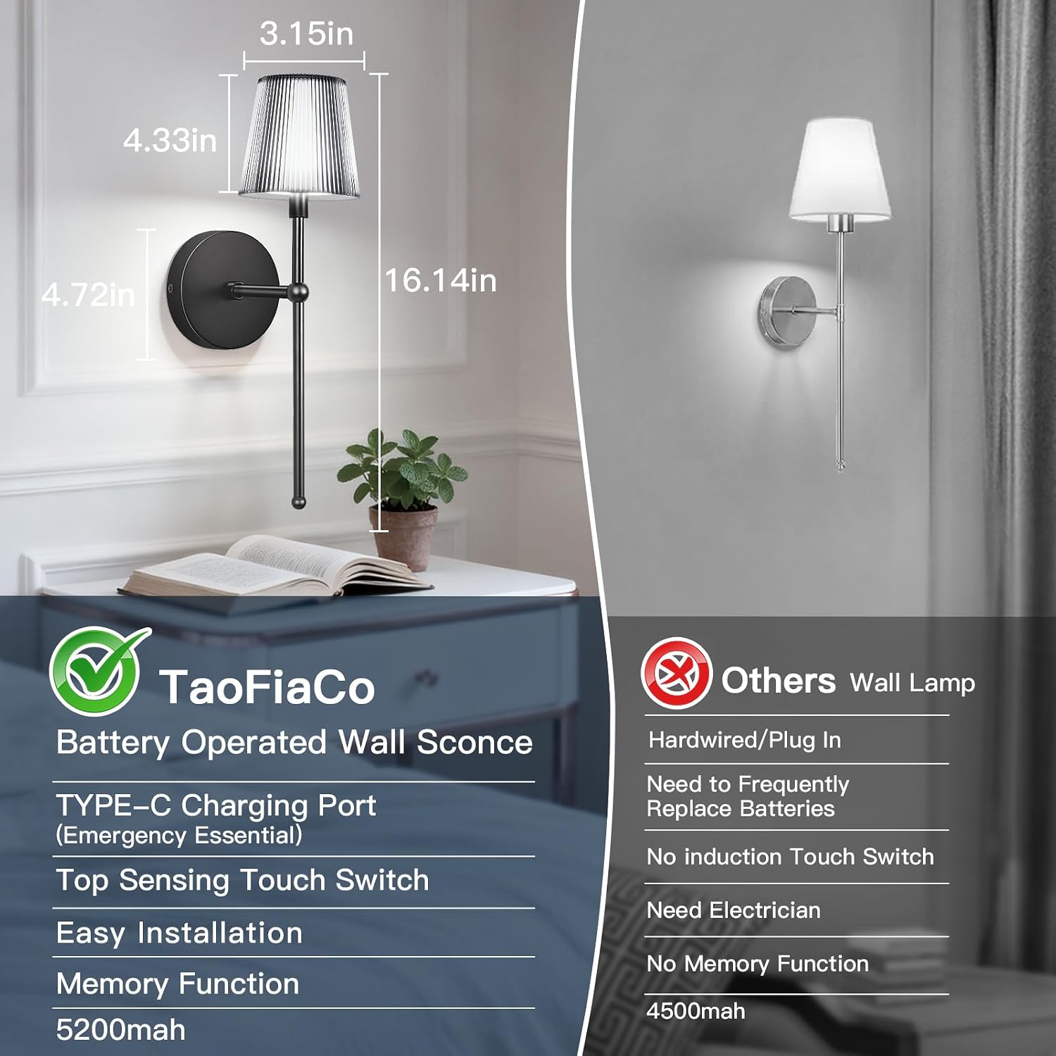 TaoFiaCo Battery Operated Wall Sconces Set of 2, Wireless Wall Sconce with Remote Dimmable Timer, Rechargeable 5200mAh, Cordless Wall Light for Bedroom Living Room, Hallway, Light Decor