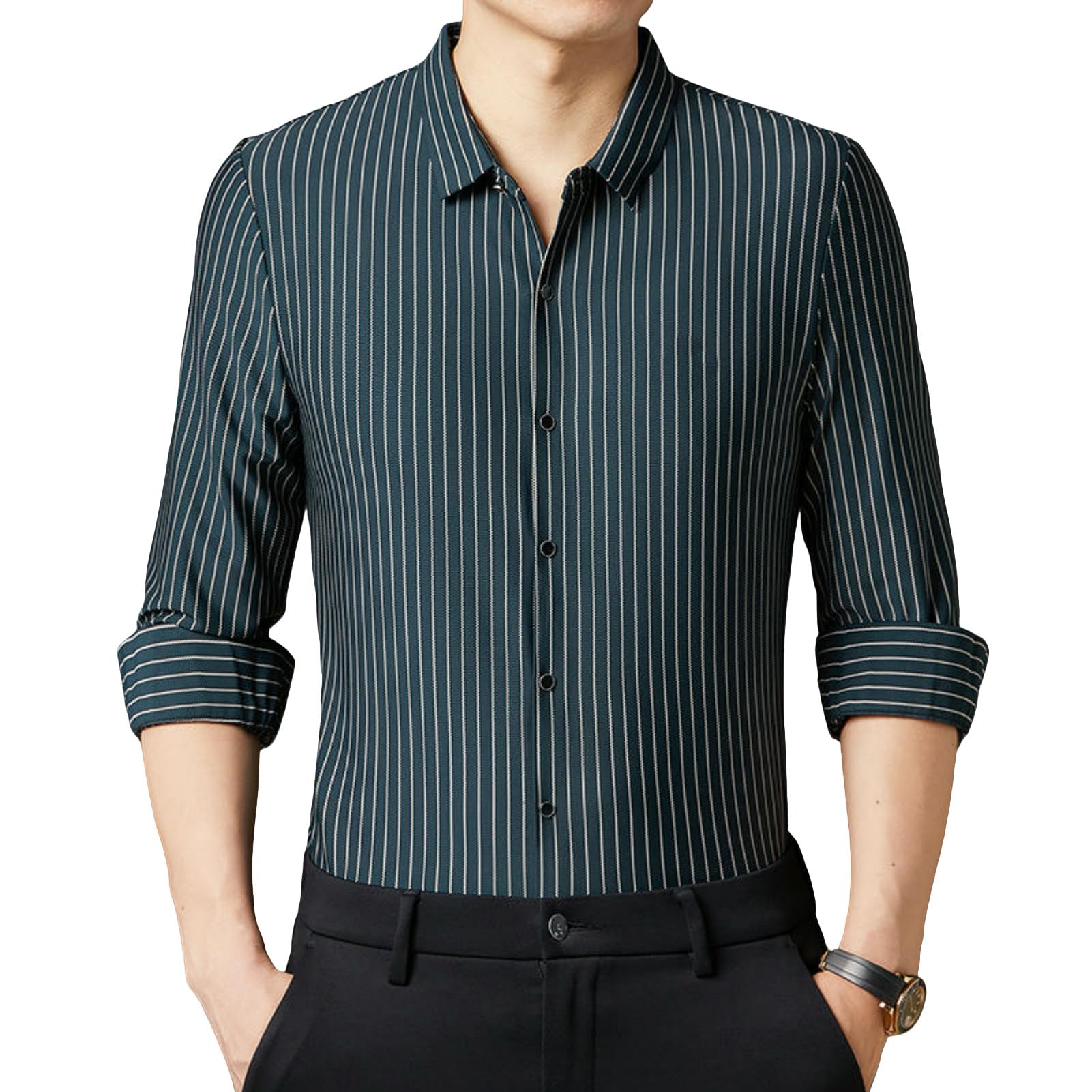 Camisa de rayas antiarrugas para hombre USTZFTBCL de corte slim 7