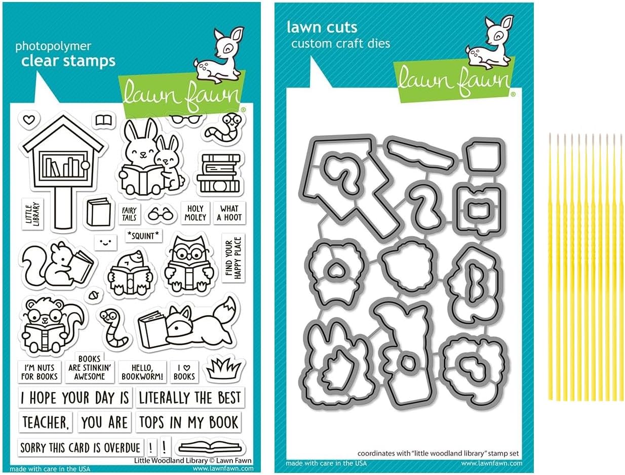 Lawn Fawn Stamp Set Bundle Little Woodland Library Stamp Set - Photopolymer Clear Stamps with Coordinating Custom Craft Die Cuts - with Trebbies Detail Sticks