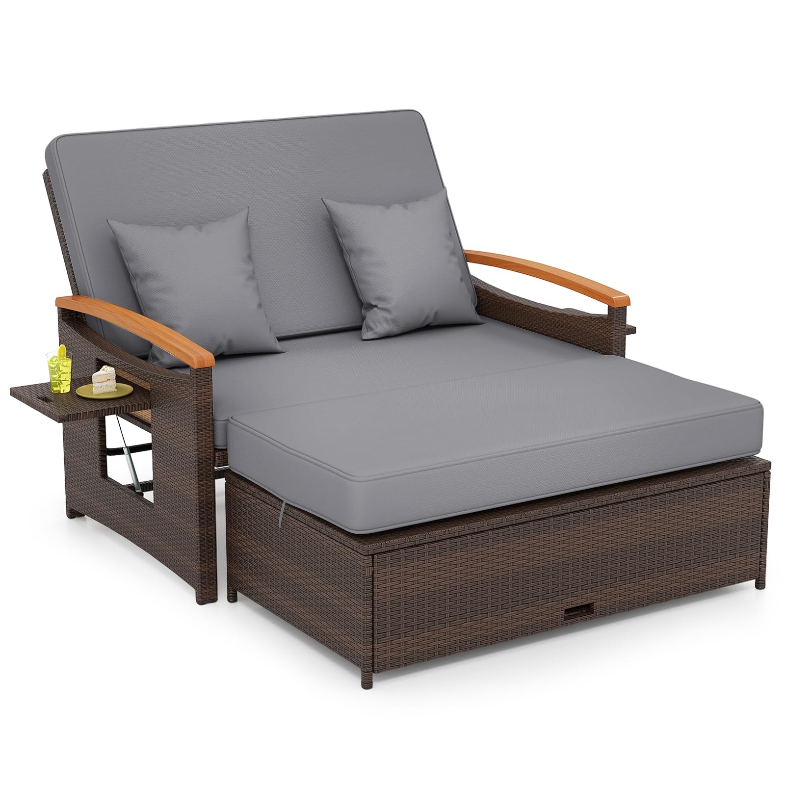 GIANTEX Lounge Möbel Outdoor, Gartensofa mit Liegefunktion, Outdoor Sofa | 3-in-1 Design, Stauraum, weichen kissen, Doppelliege Outdoor 2 Personen, Rattan Gartenliege, Gartenlounge, für Garten Balkon