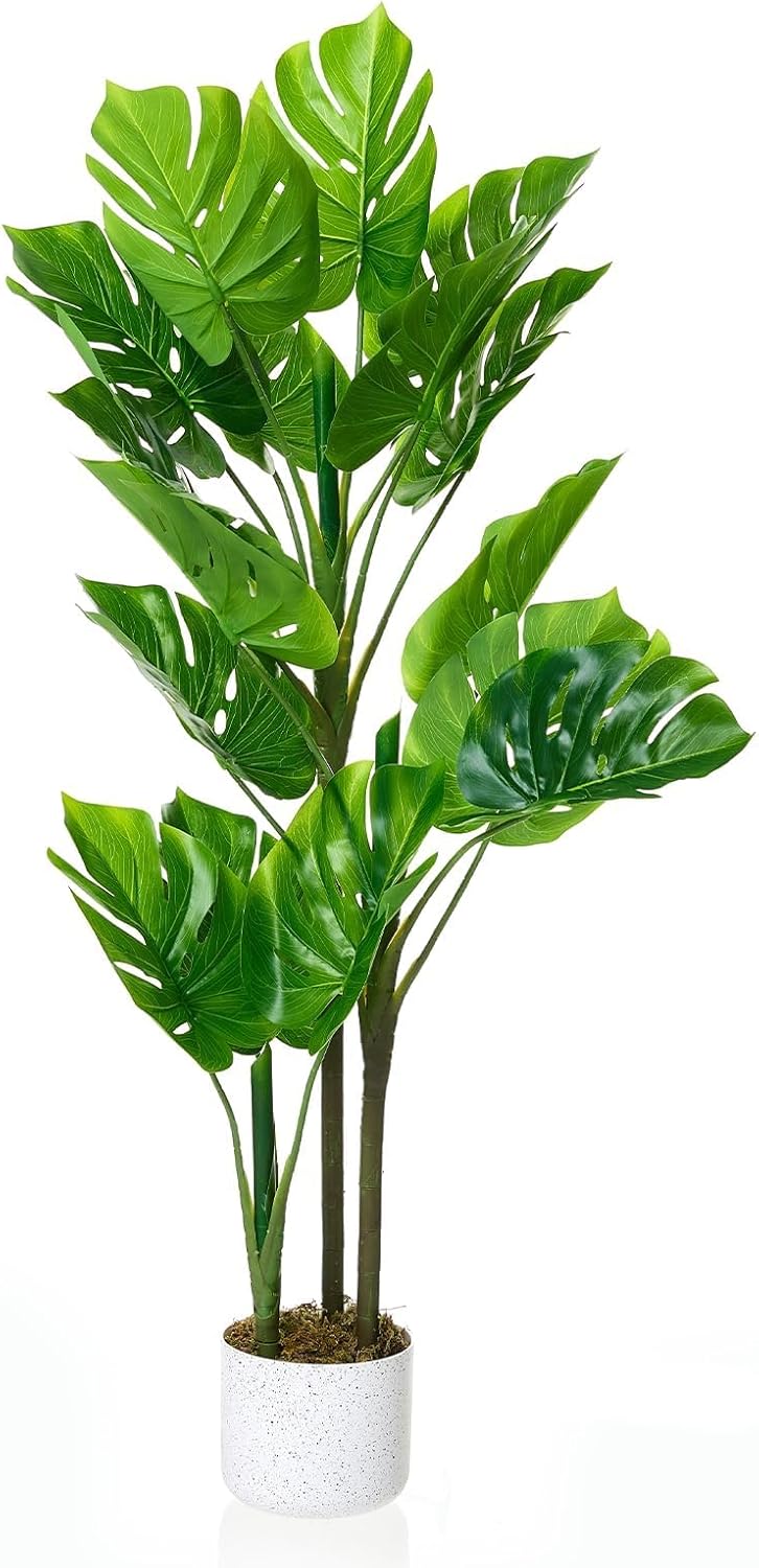 3.6FT Artificial Monstera Deliciosa Plant in White Tall Planter, 43"H Fake Decorative Evergreen Potted Swiss Cheese Floor Tree, Indoor Faux Tropical Plants for Living Room Porch Entryway Office Decor