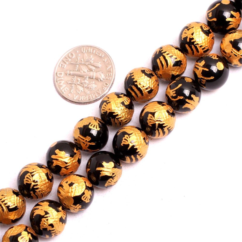 JOE FOREMAN 10mm Black Agate Semi Precious Gemstone Round Loose Beads for Jewelry Making Qinglong Dragon Mala DIY Handmade Craft Supplies 15" 38-40 Pcs
