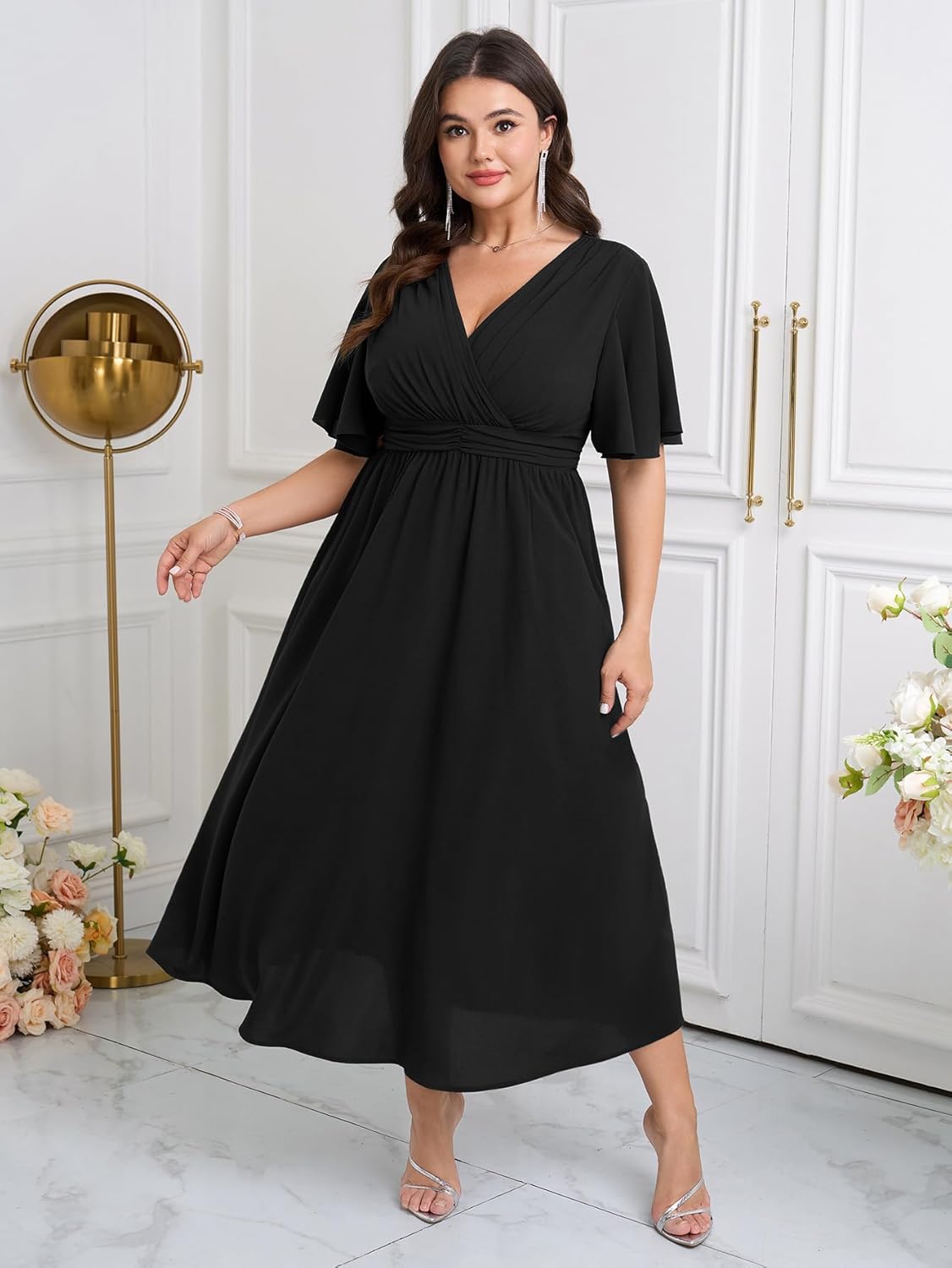 Womens Plus Size Wrap V Neck Dress Short Flutter Sleeve Pleated Empire Waist Ruffle A Line Maxi Long Dresses - Image 4