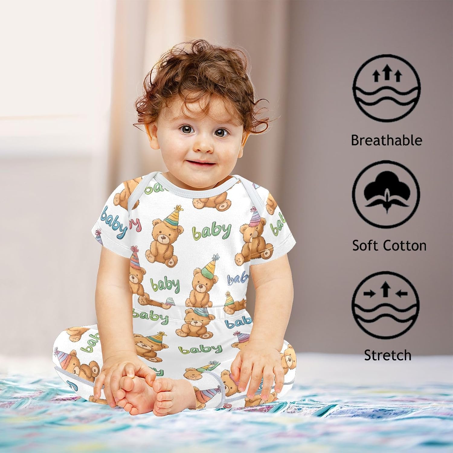 vvfelixl Baby Clothes Bears Party Hats Baby Bodysuits Set Unisex Short Sleeve Babys Pants Sets 0-3M