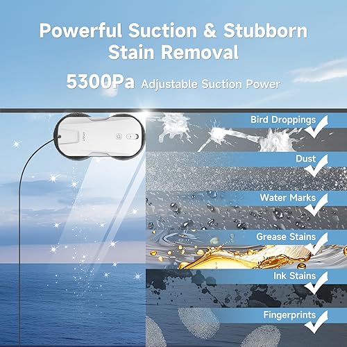 Miniatura 3 de FMART Robot de limpieza de ventanas T11, rociador automático de agua de 4 vías, succión fuerte de 5300 Pa, limpieza de alta velocidad, 60 dB ultra