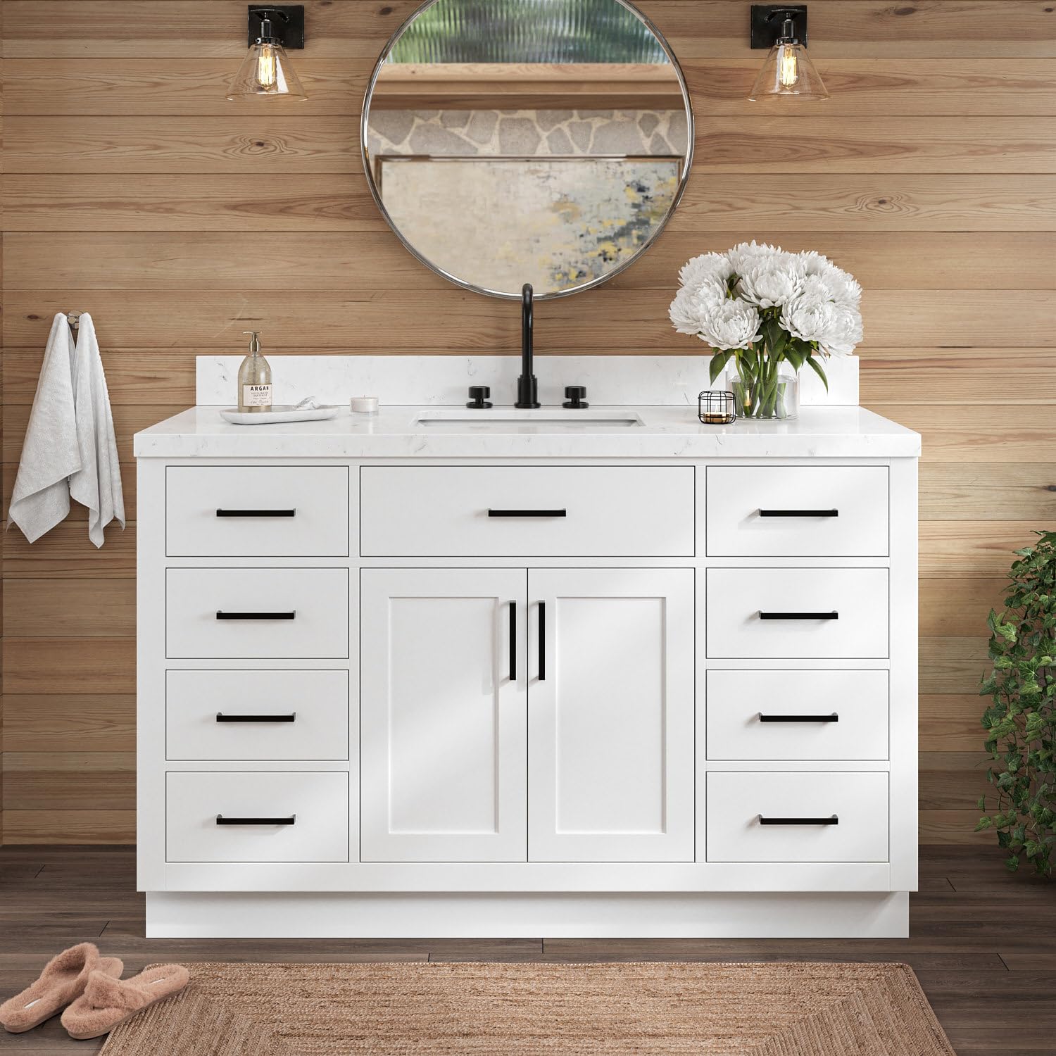 ARIEL Hepburn 54 inch white bathroom vanity with quartz top