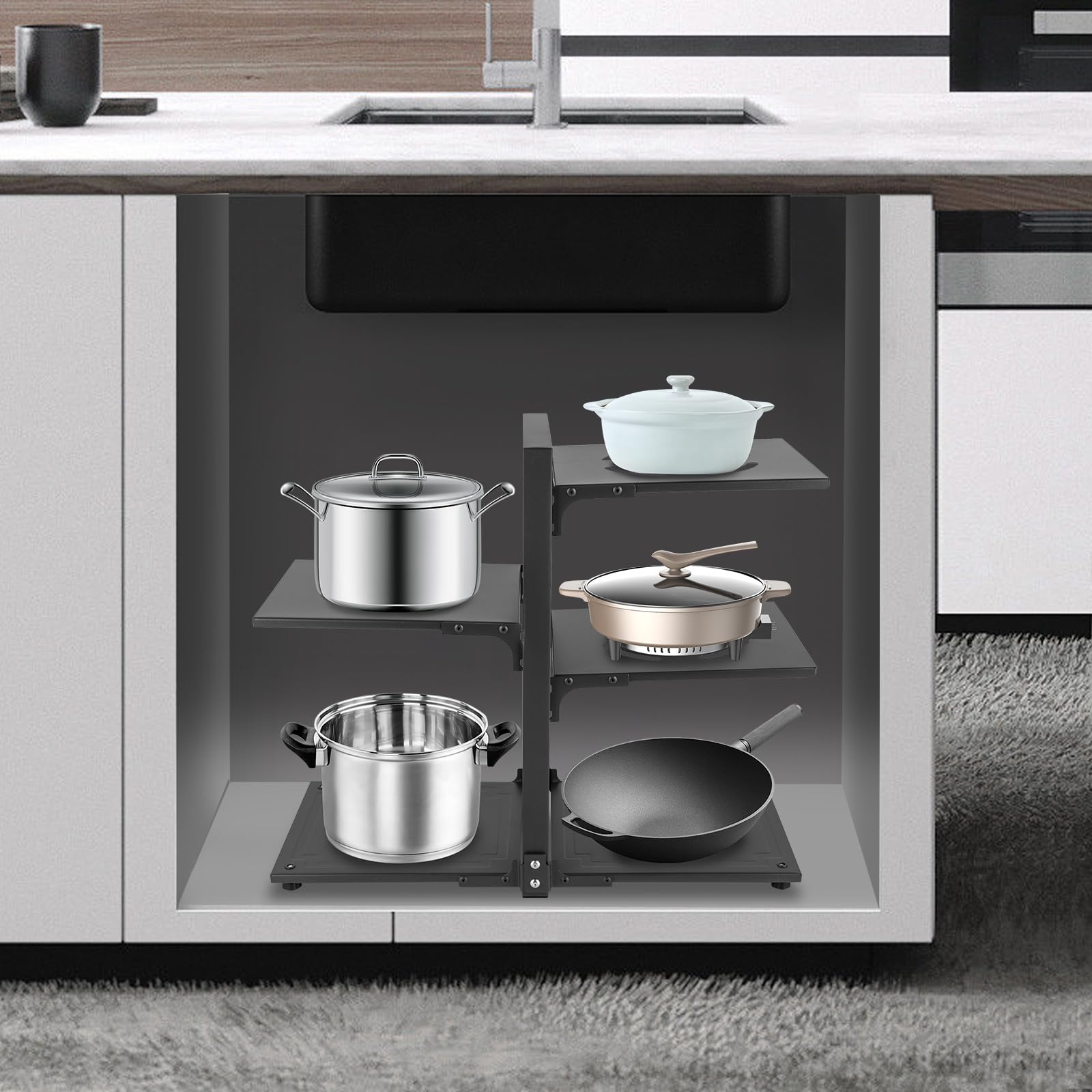 Organizzatore per pentole, armadietto da cucina, organizer per pentole e padelle, 5 ripiani, resistente pentole, padella, scaffale sotto lavandino, organizer e stoccaggio, capacità di peso