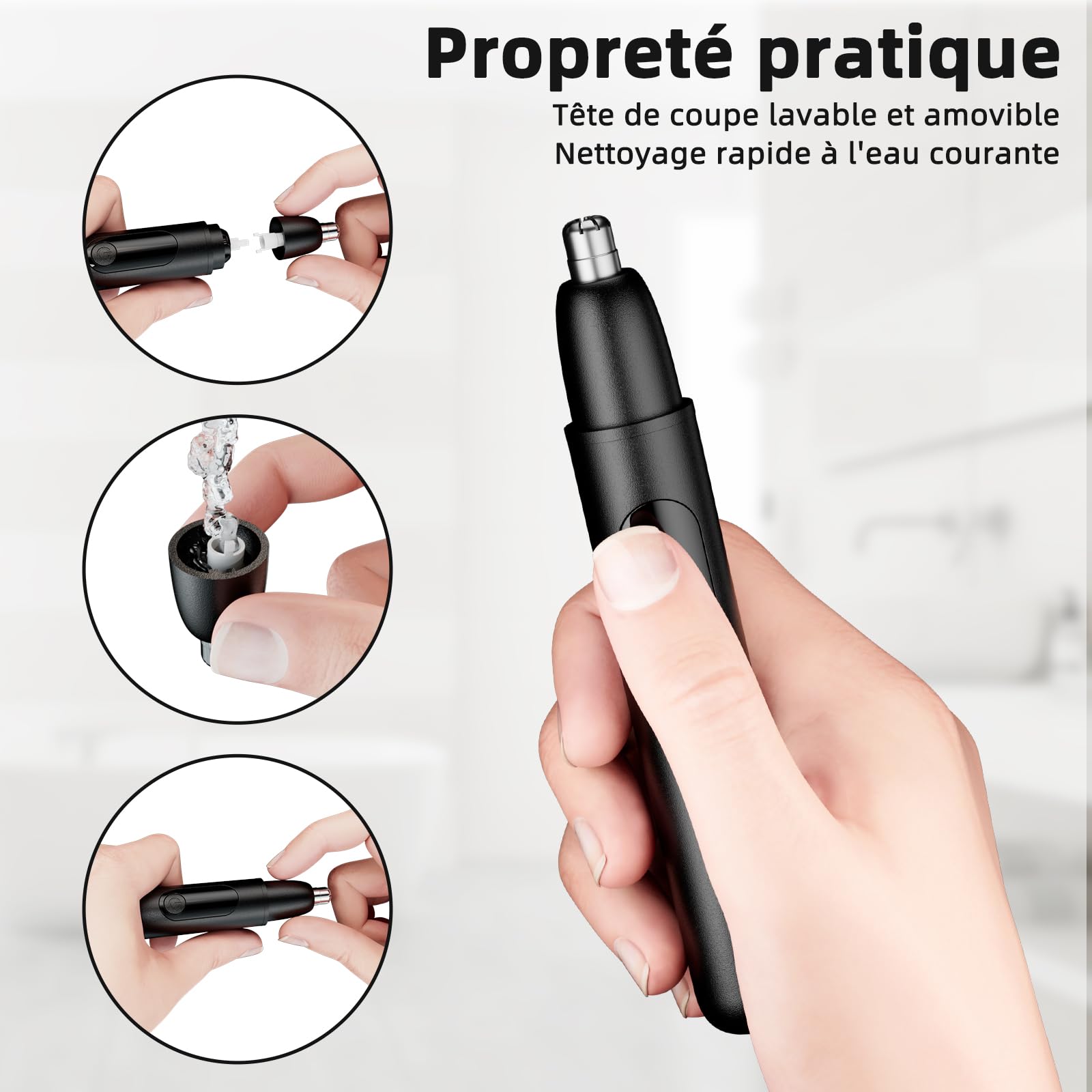 Tondeuse pour les poils de nez, tondeuse sans fil pour le nez et les oreilles avec ligne de charge de type C, voyant lumineux pour les hommes et les femmes (Noir)