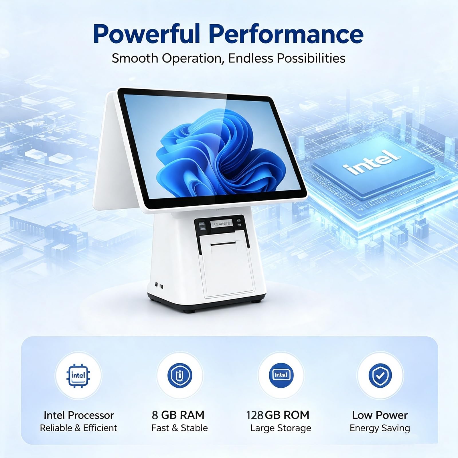 TPV para Pequeñas Empresas, TPV Inteligente Multifuncional | 15.6" Pantalla Táctil, 8GB RAM, 128GB SSD, Soporte Multi-Ángulo, para Tiendas de Alimentos(Single screen)