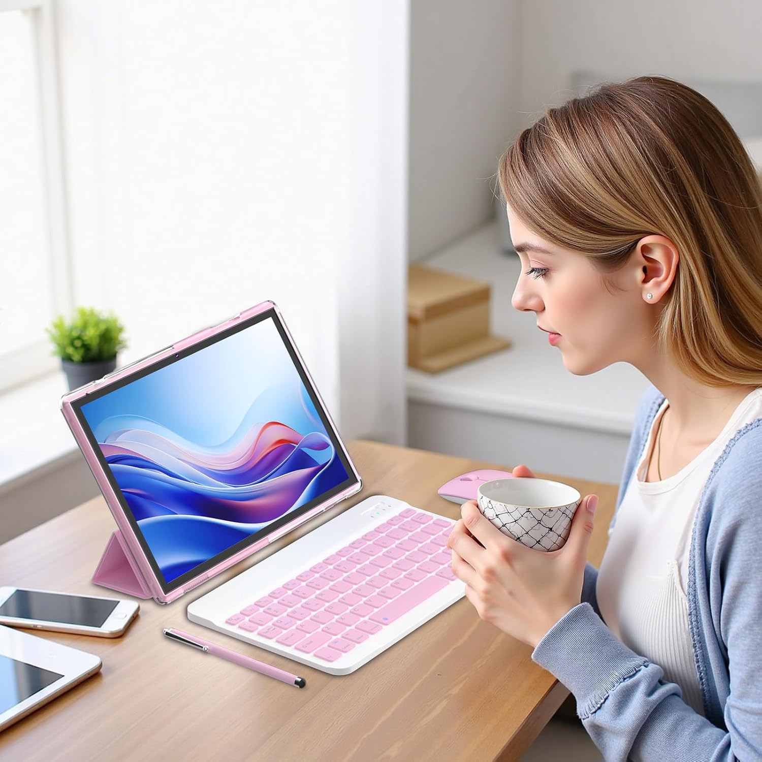 10 inch Android 15 Tablet with Keyboard Stylus, 8GB RAM 2 in 1 Tableta, Includes Mouse & Protective Case, 6000mAh Battery, Wi-Fi 6,Dual Camera, 32GB ROM,tablet set pc - Tablets with case (Pink)