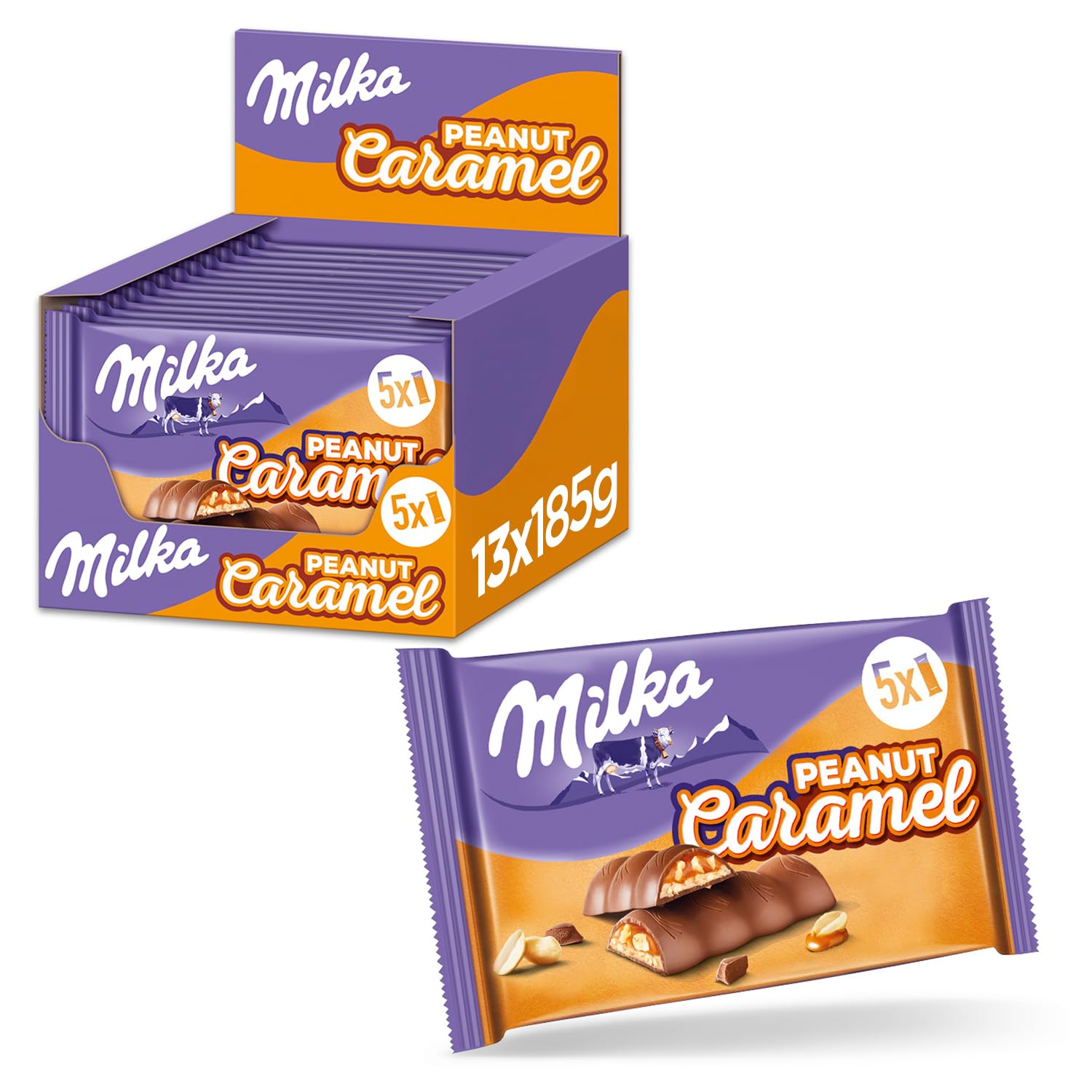 Milka Peanut Caramel Bars - Chocolate with Peanut Caramel Cream Crispy Peanuts and Rice Crispies - 13 x 185g