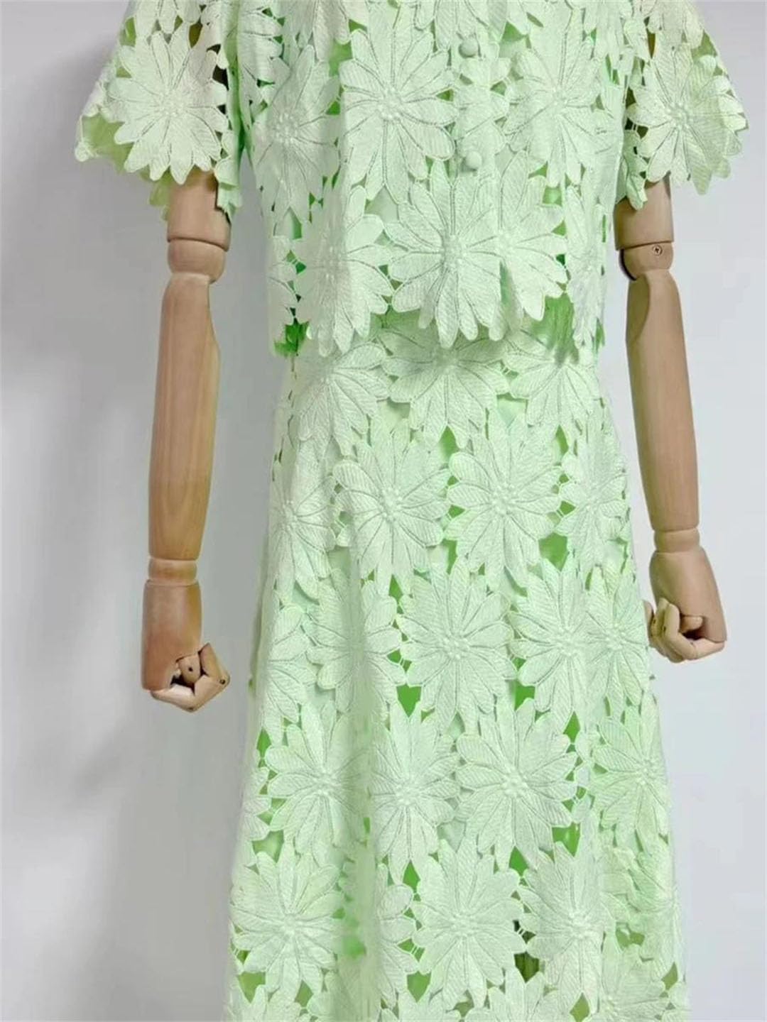 Women Hollow Out Two Piece Skirt Set Lapel Short Sleeve Button Top High Waist Skirt