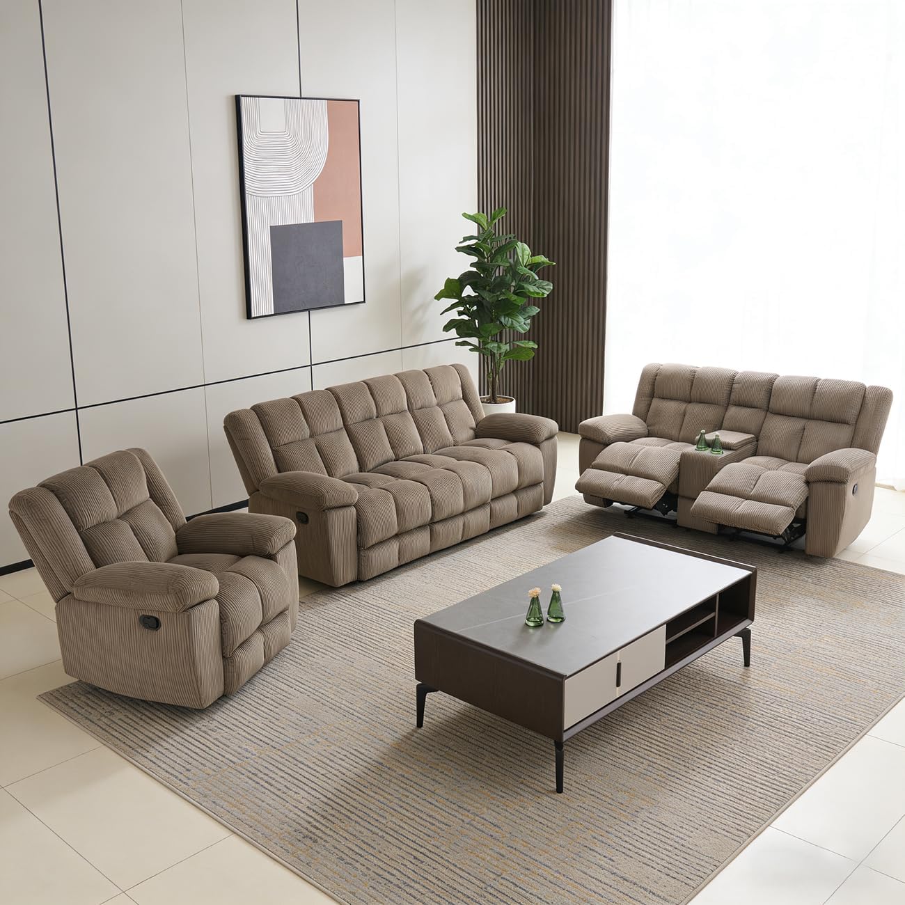 Manual Recliner Sofa Set,Corduroy Reclining Living Room Furniture Set,Convertible Lounge Sofa,Reclining Loveseat with Storage Consoloe,Single Recliner for House/Office(Brown Corduroy,3+2+1)