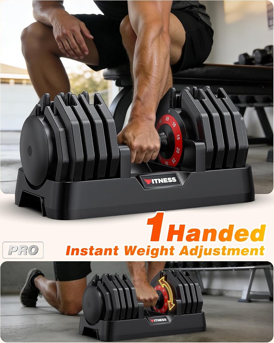 Rendpas Adjustable Dumbbell Set for Home Gym Strength Training | 25/55/80LB Pair, 10-in-1/16-in-1 Weight Set, 1-Sec Quick Adjust, Non-Slip Knurled Grip, Dual-Lock Safety, Space-Saving Tray 55LBS Pair-10 Weights image 1